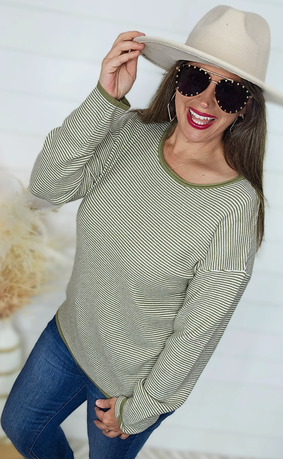 SAGE WAFFLE TEXTURED STRIPED PULL OVER SWEATER