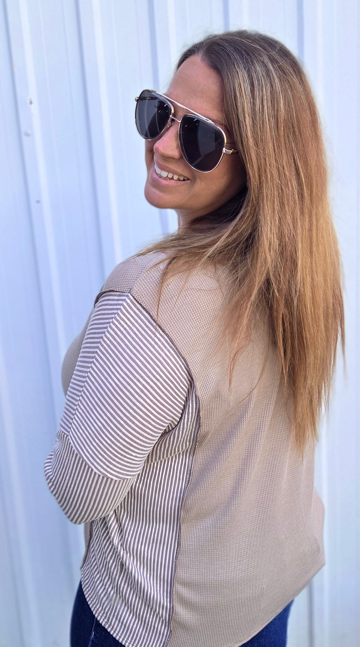 Taupe Waffle Contrast V Neck Knit Top