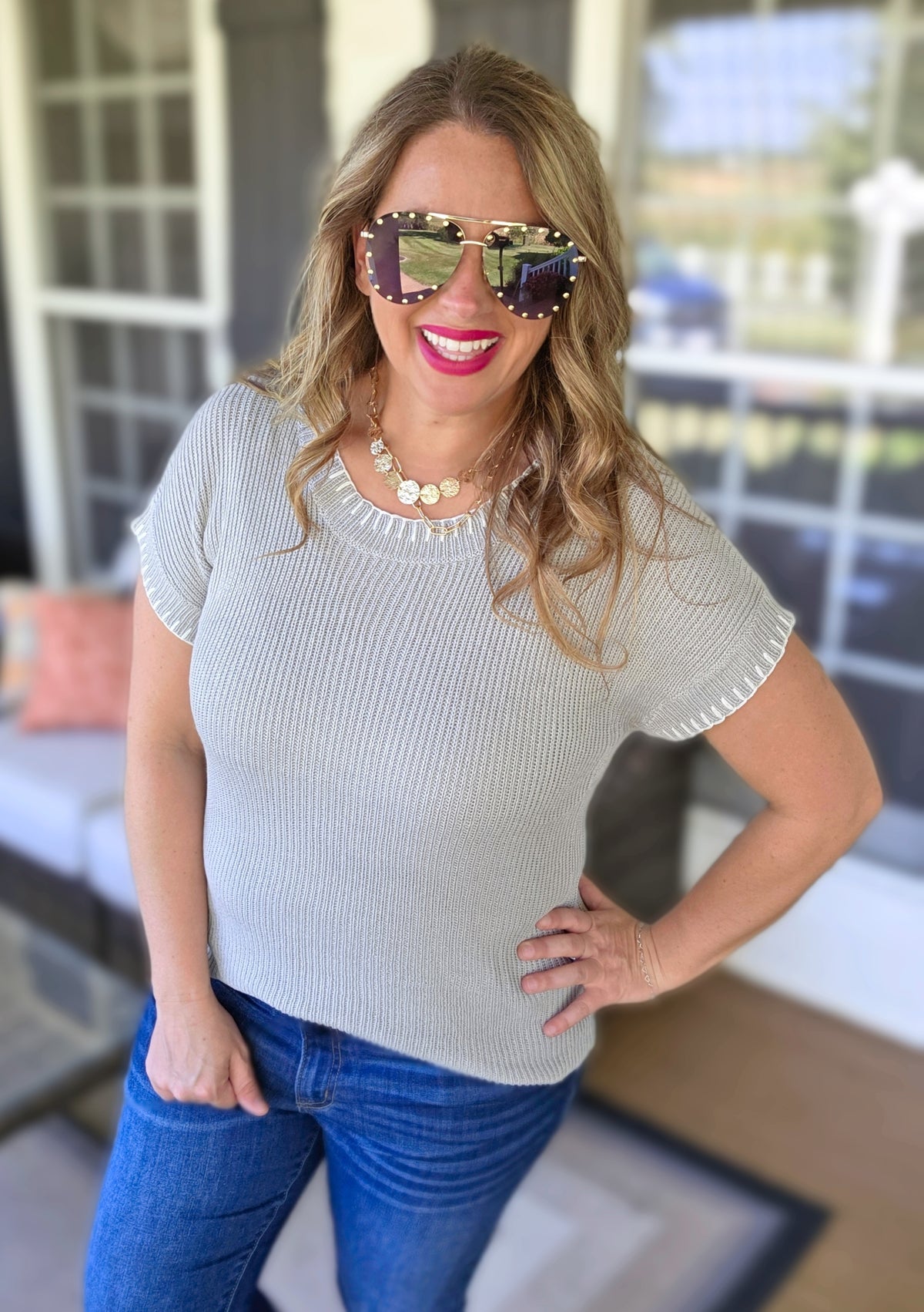 GREY STITCHED HEM CREW NECK SHORT SLEEVE PULLOVER SWEATER