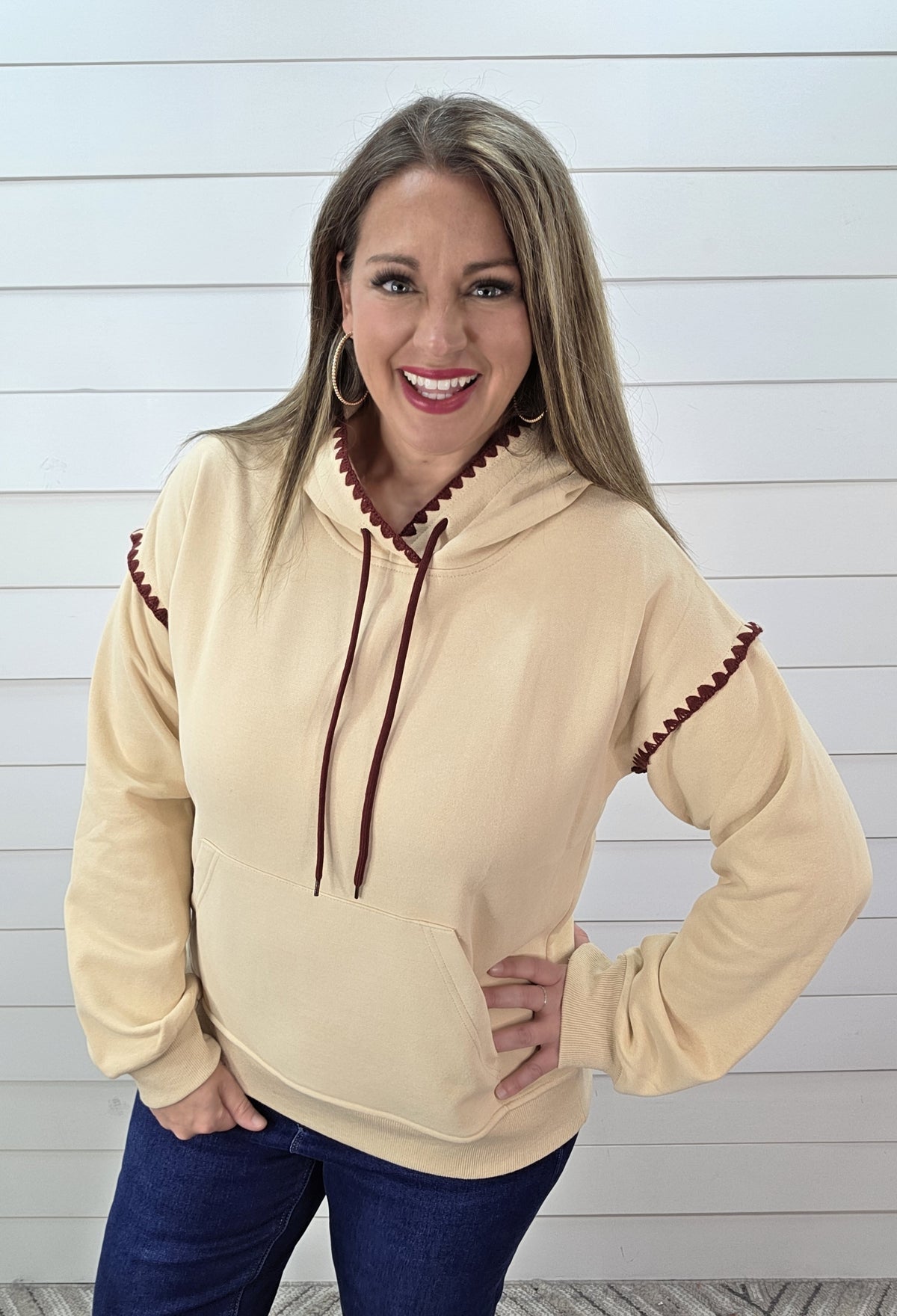 BEIGE/WINE STITCHED HOODIE