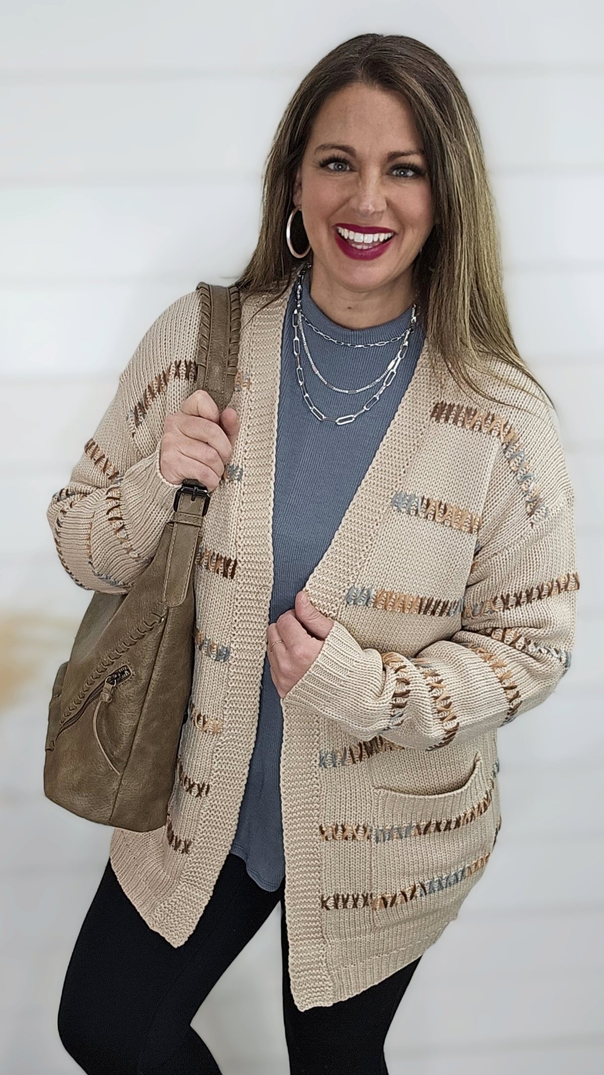 TAUPE MULTI COLOR STRIPED OPEN FRONT CARDIGAN