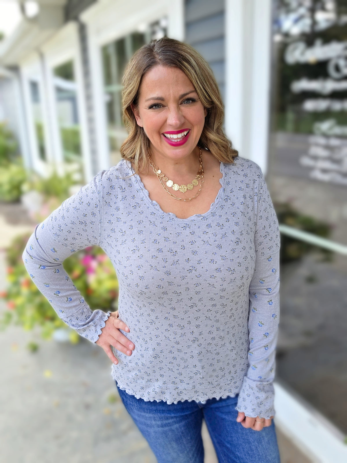 GREY KNIT PETITE FLORAL RUFFLE TRIM TOP