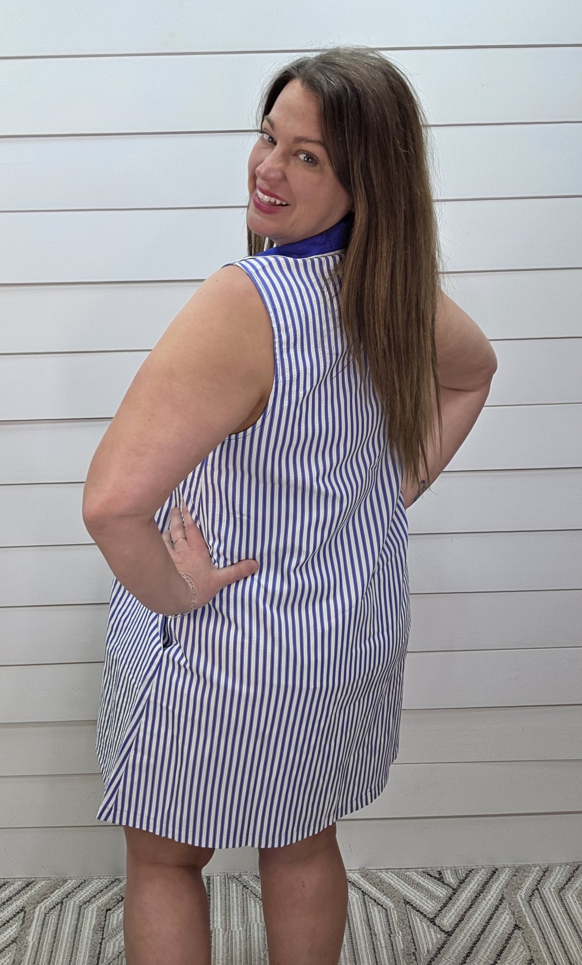BLUE COLLARED NECKLINE SIDE POCKET STRIPED WOVEN DRESS