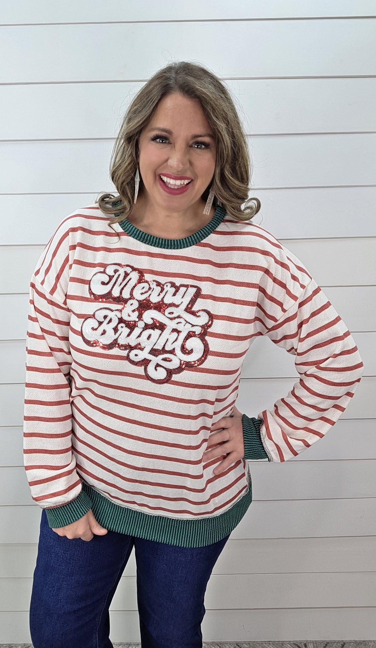 RED/WHITE STRIPED FRENCH TERRY "MERRY AND BRIGHT" TOP