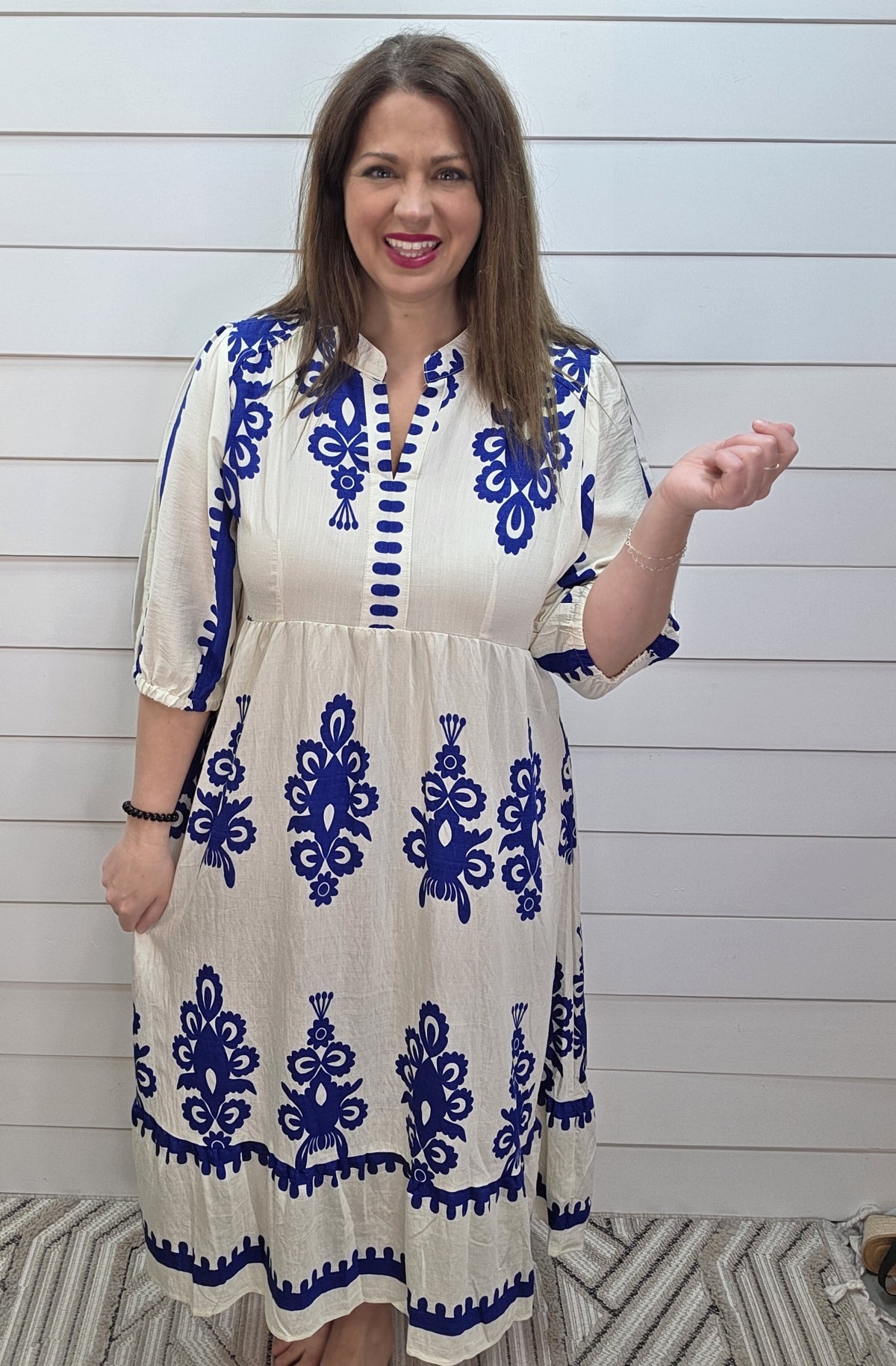 CREAM/BLUE ABRACT PRINT LONG DRESS