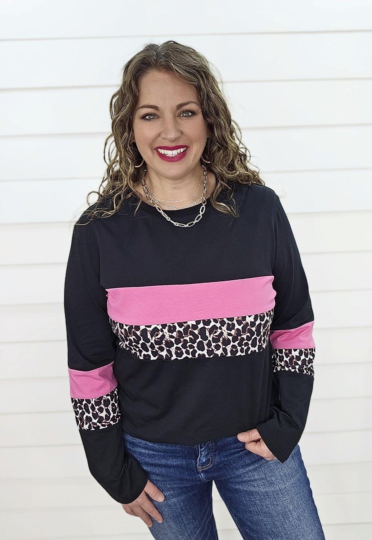 BLACK/PINK/LEOPARD COLORBLOCK TOP