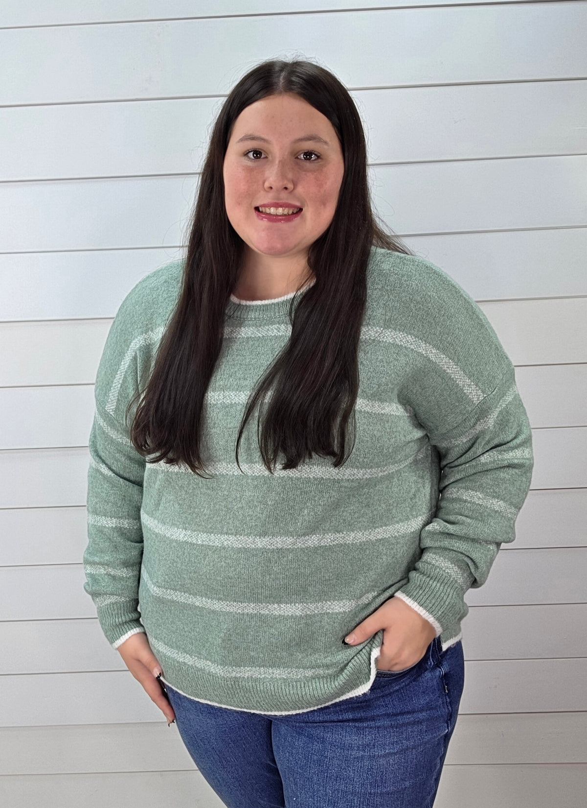 SAGE/CREAM STRIPED KNIT LIGHT WEIGHT SWEATER