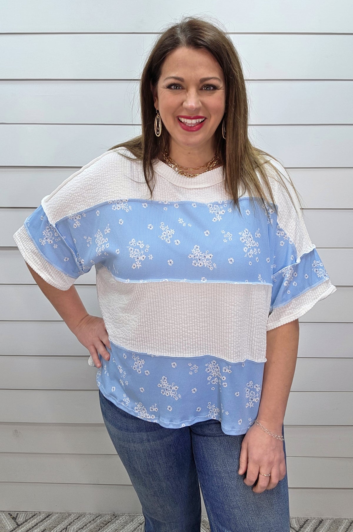 IVORY/SKY BLUE FLORAL LOOSE FIT KNIT TOP