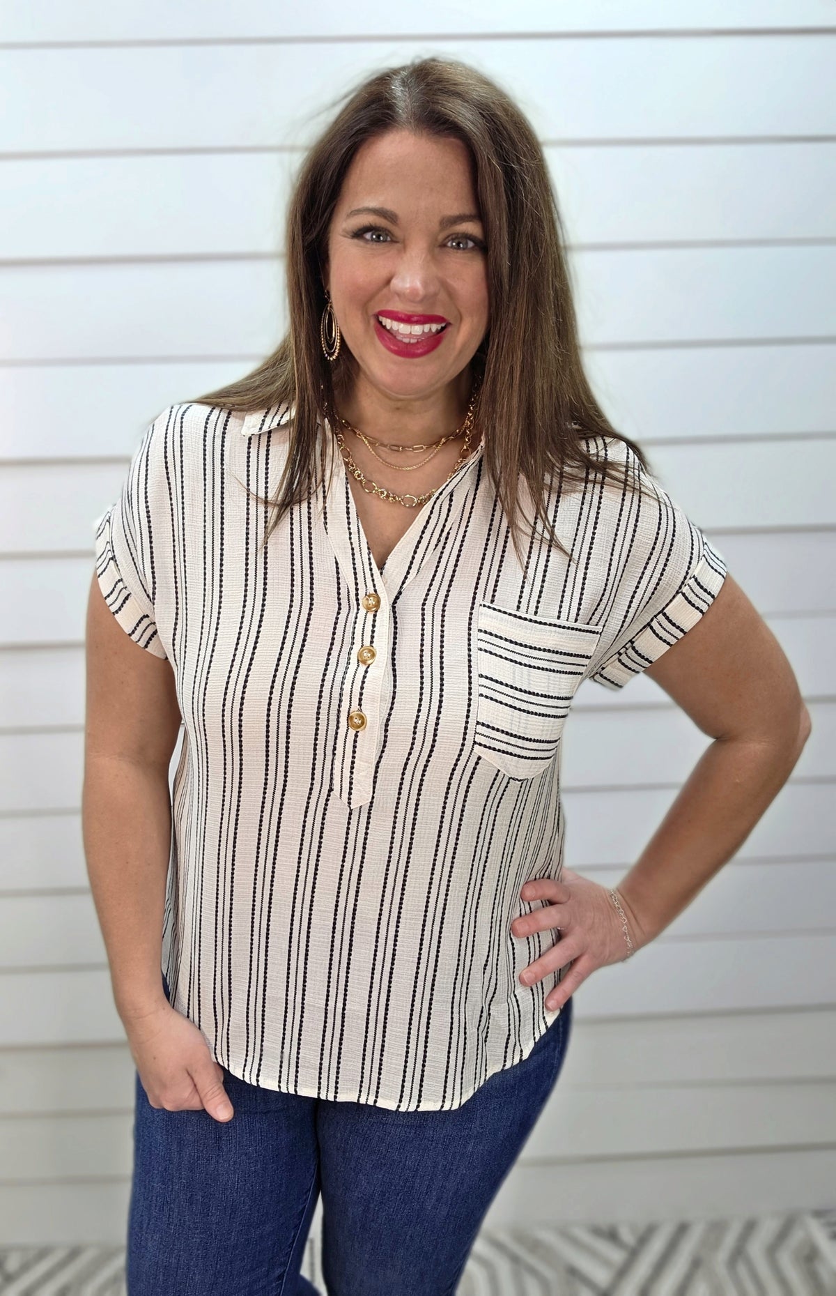 CREAM/BLACK STRIPED BUTTON NECKLINE STRIPED WOVEN TOP