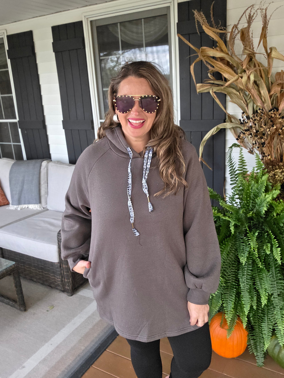 DARK OLIVE HOODED TUNIC SWEATSHIRT