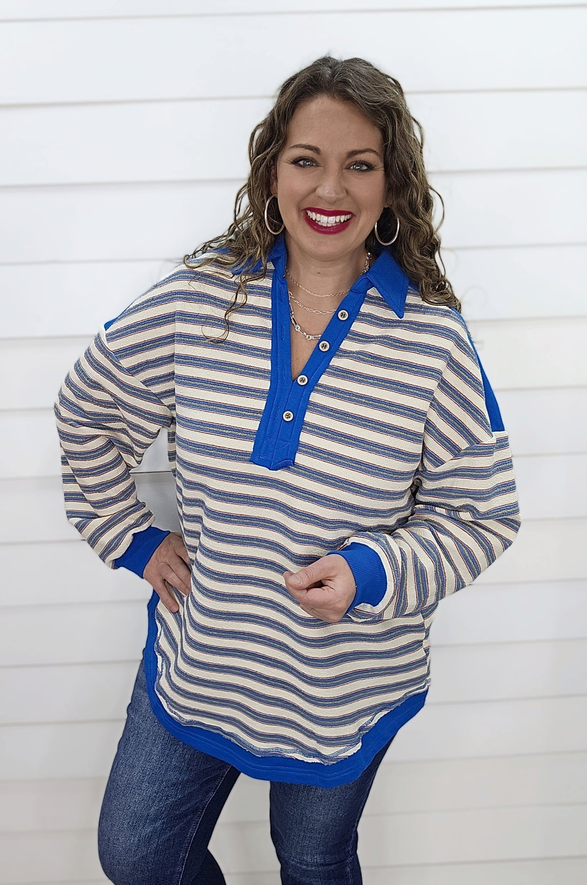 BLUE STRIPED V NECK COLLARED TOP