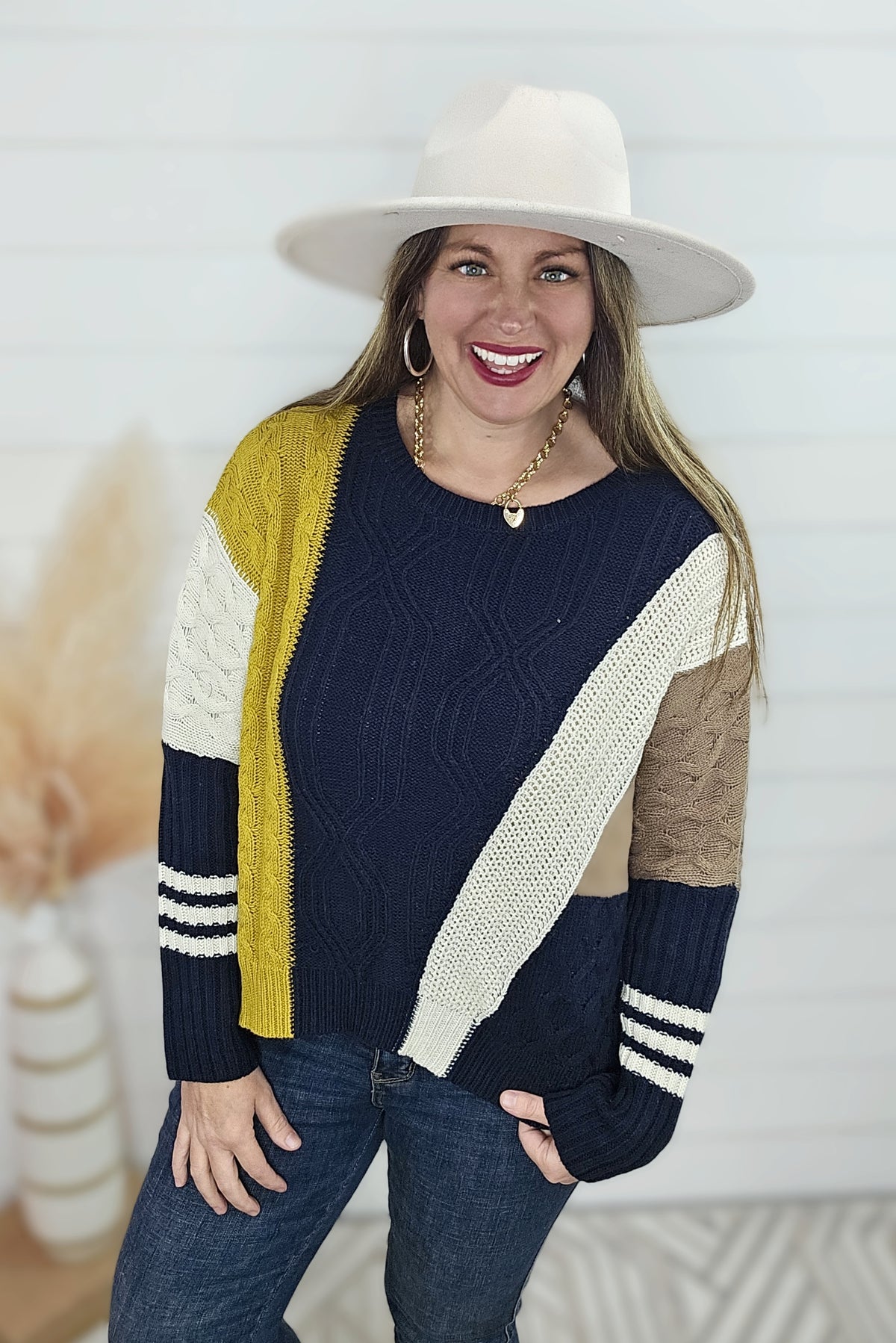 NAVY MULTI COLORBLOCK DOLMAN CABLEKNIT SWEATER