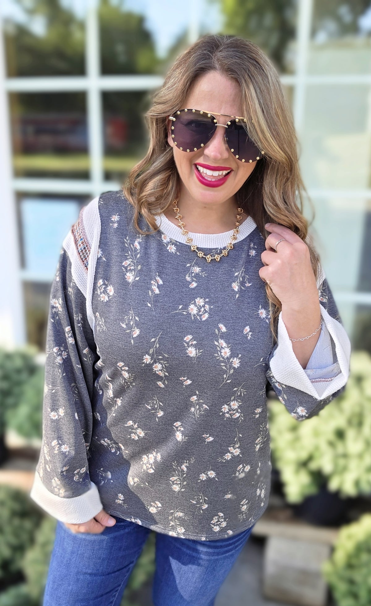 CHARCOAL FLORAL FRENCH TERRY CONTRAST KNIT TOP