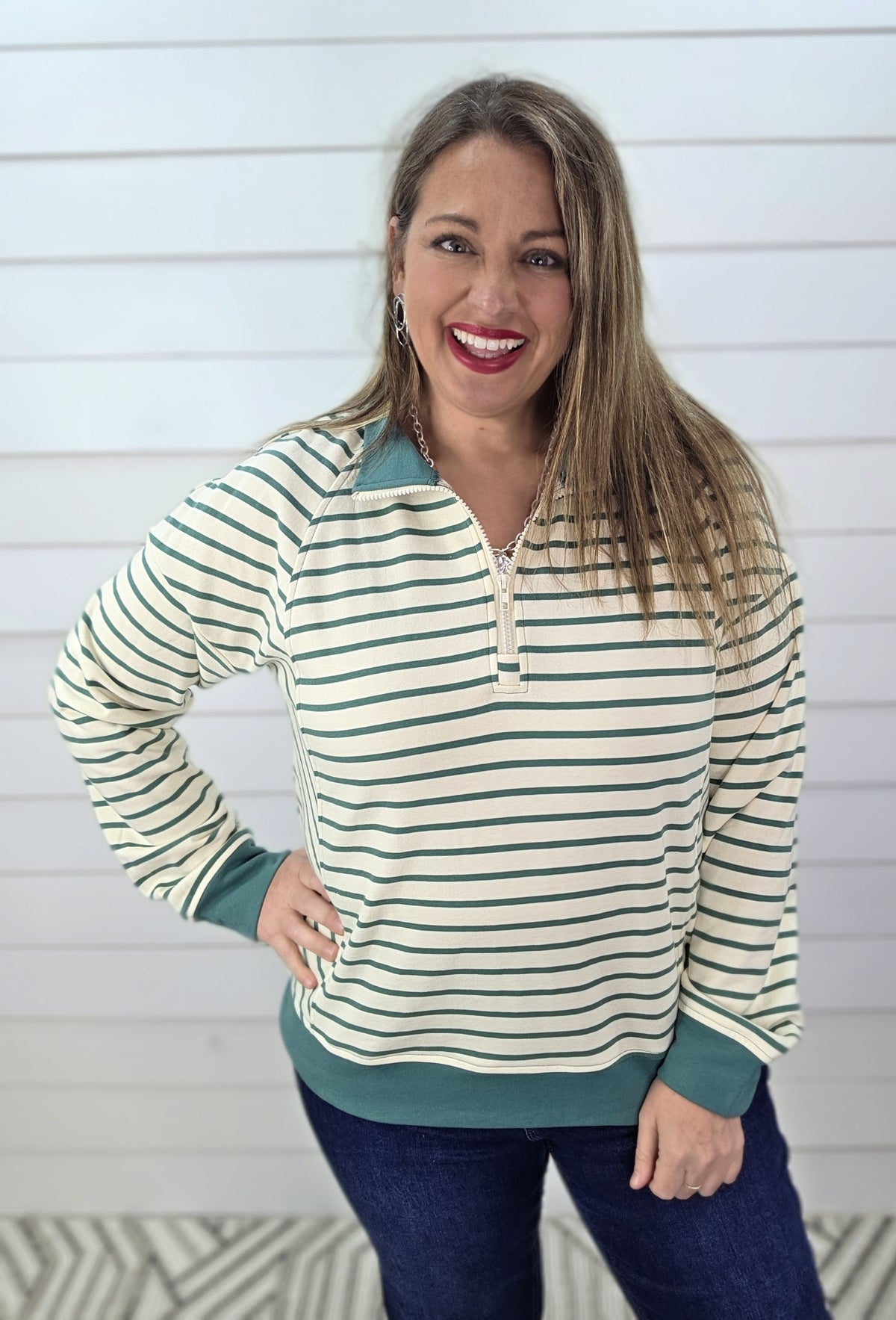 SAGE STRIPED FRENCH TERRY QUARTER ZIP
