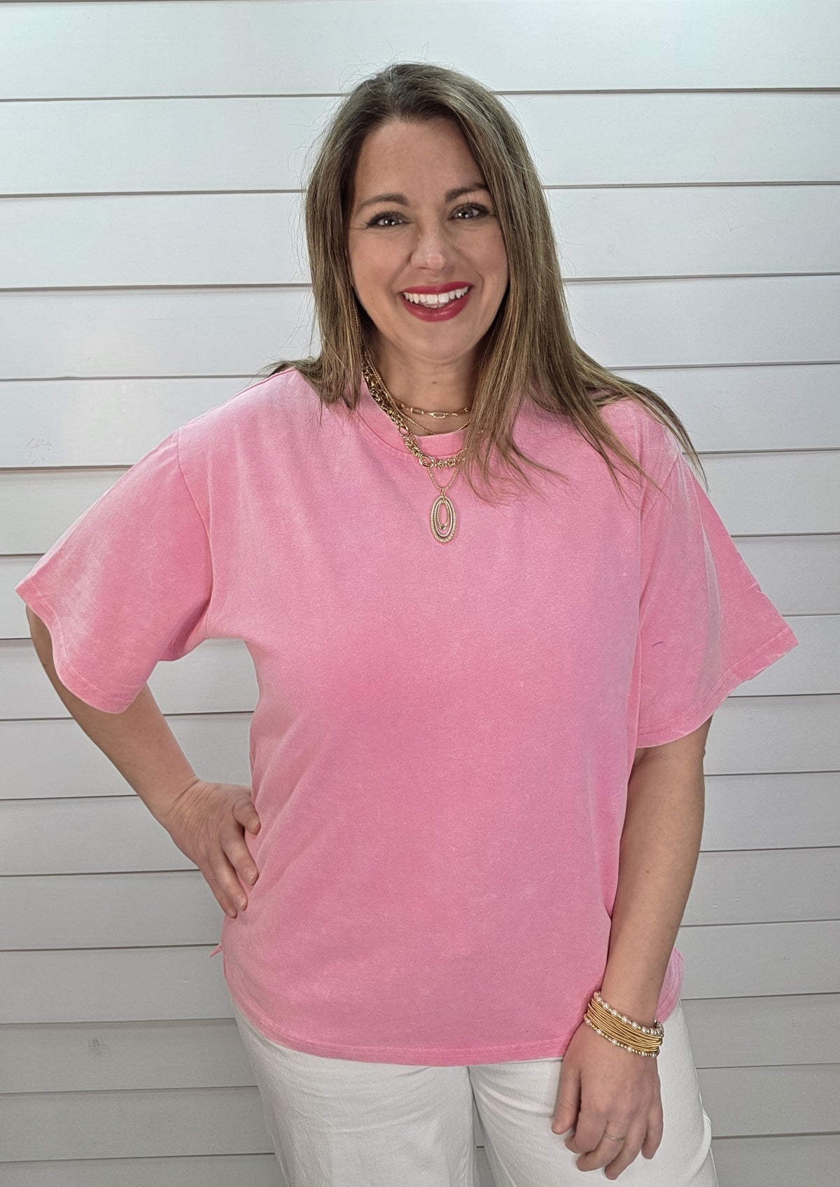 PINK MINERAL WASH COTTON SHORT SLEEVE TOP
