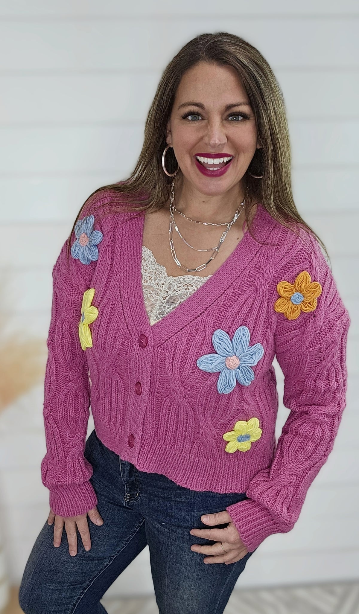 HOT PINK 3D FLORAL BUTTON CARDIGAN