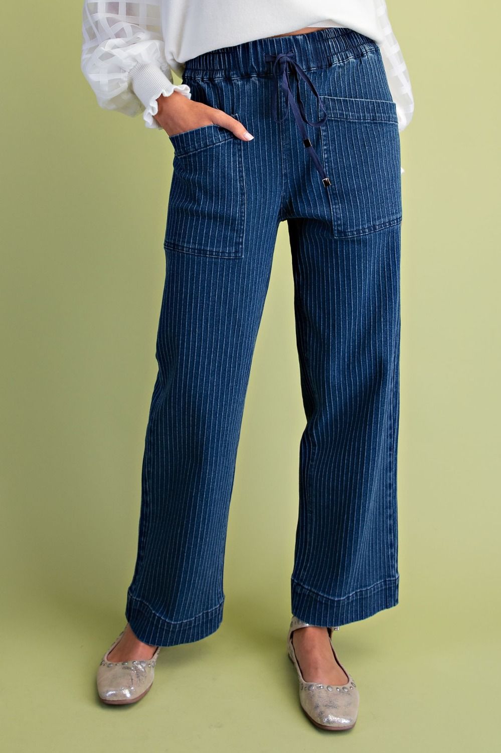 DENIM JOGGER WIDE LEG TEXTURED PIN STRIPED JEANS