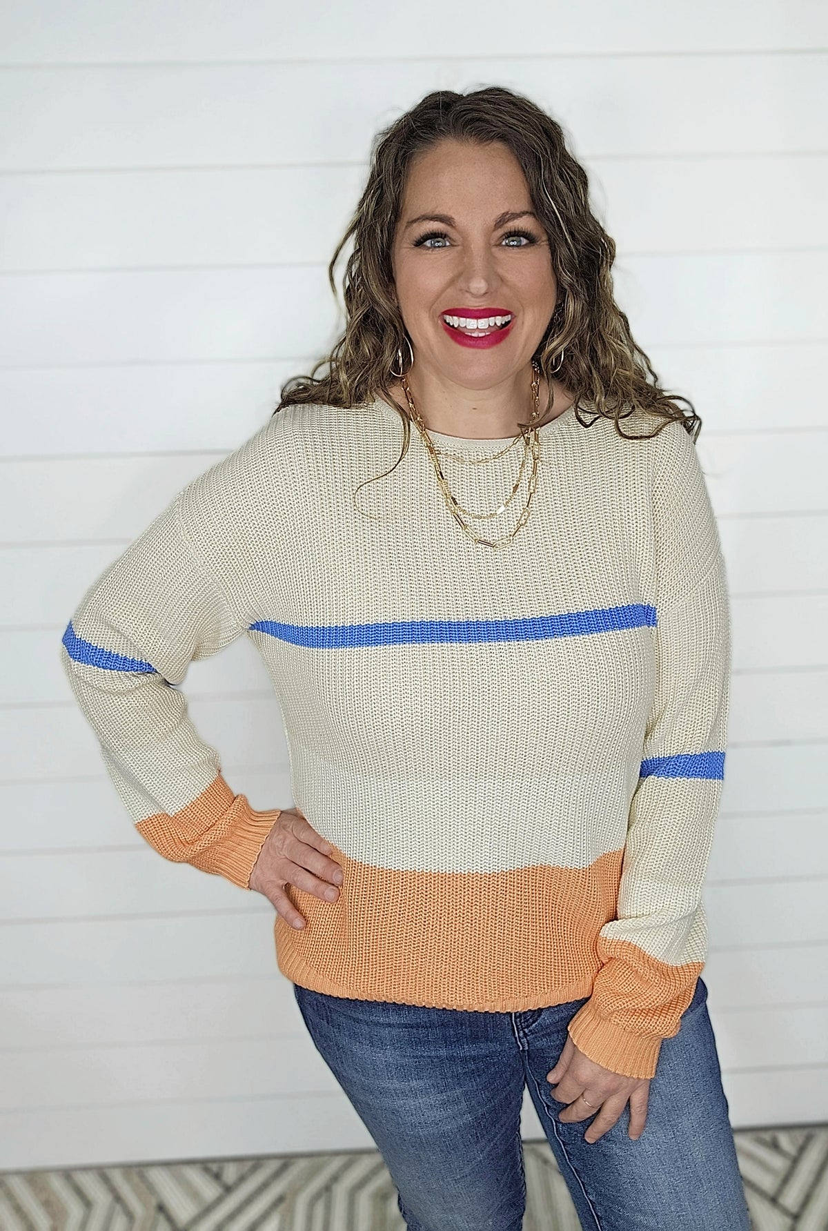 BEIGE/BLUE/ORANGE STRIPED COTTON BLEND SWEATER