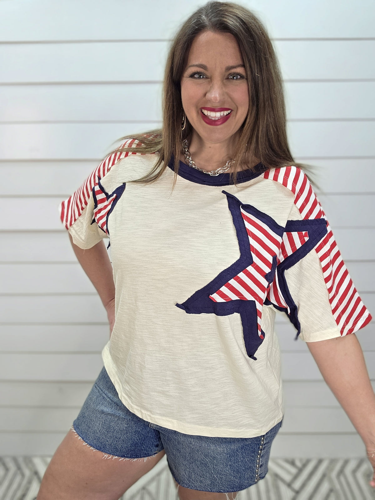 OATMEAL/RED/NAVY STAR/STRIPED KNIT TOP