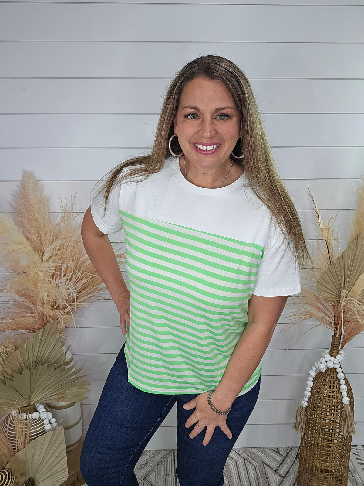 LIME GREEN/IVORY STRIPED COLORBLOCK TOP