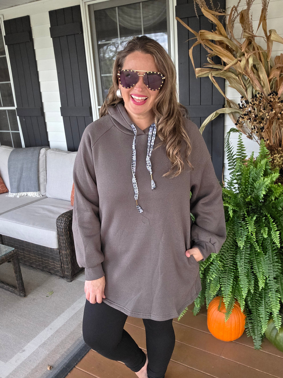 DARK OLIVE HOODED TUNIC SWEATSHIRT