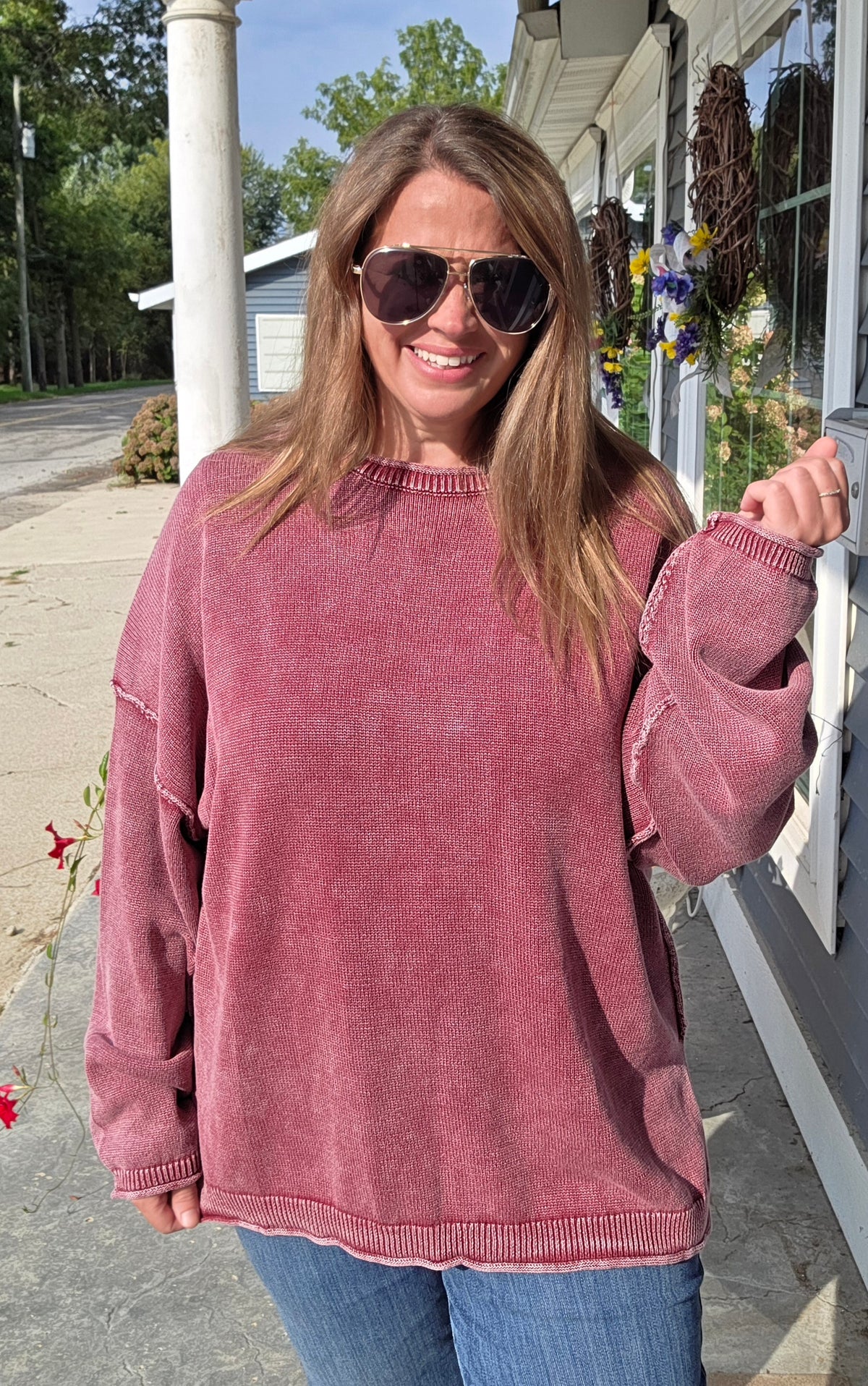 BURGUNDY MINERAL WASH OVERSIZED SWEATER