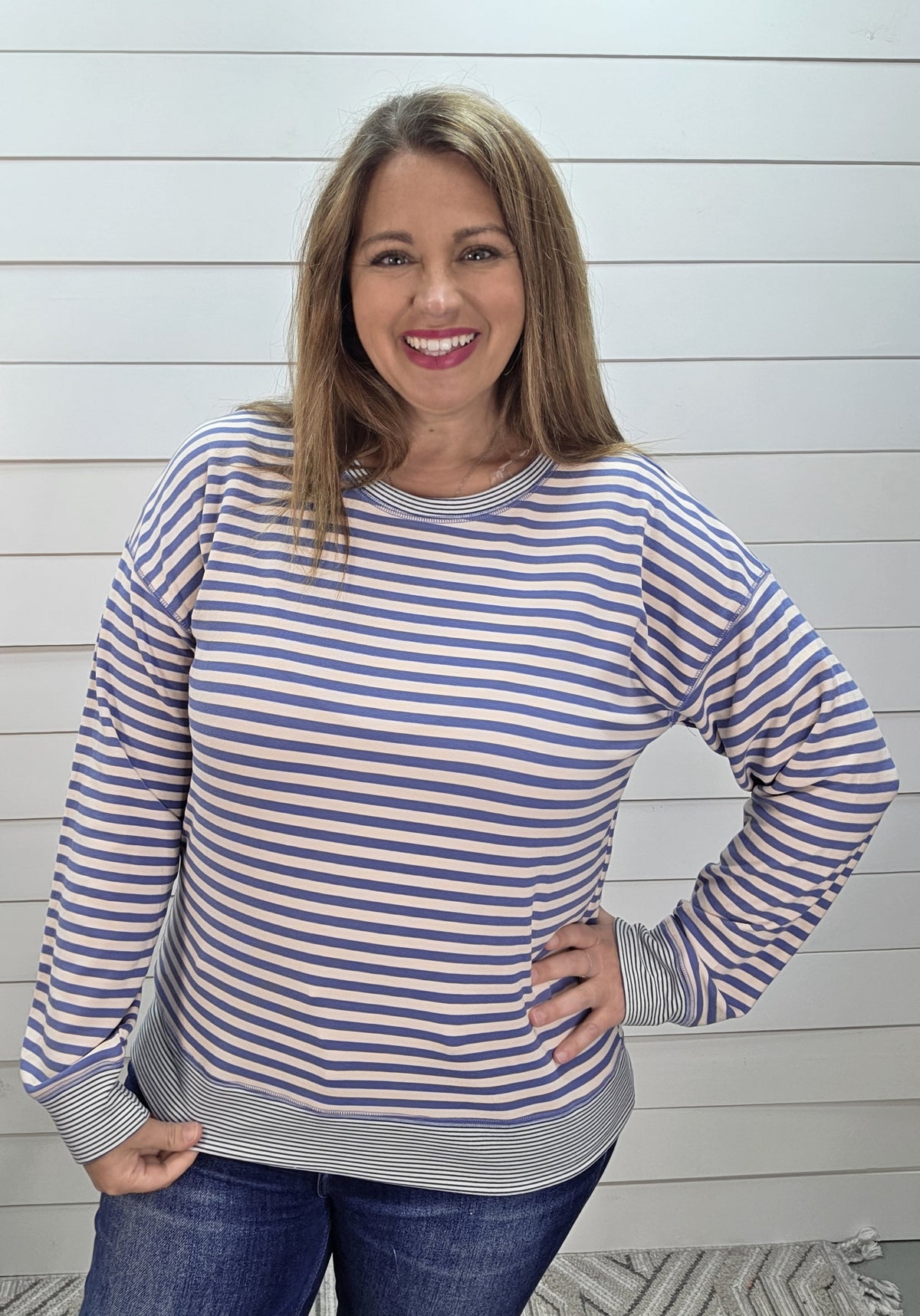 Denim Blue Crew Neck, Drop Shoulder, Long Sleeve, Micro Brushed Knit top