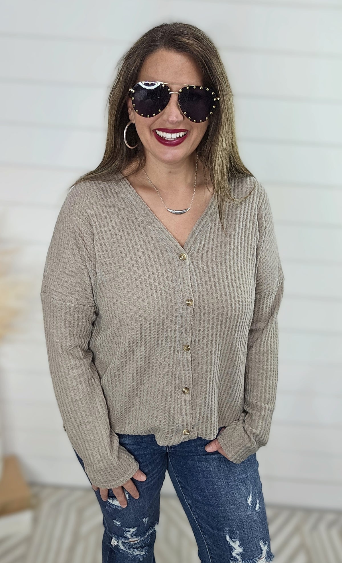 TAUPE WAFFLE KNIT BUTTON DOWN TOP