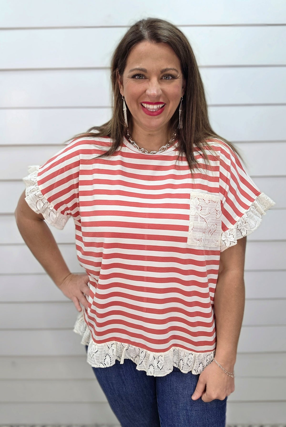 MUTED RED STRIPED KNIT TOP W/ LACE ACCENTS