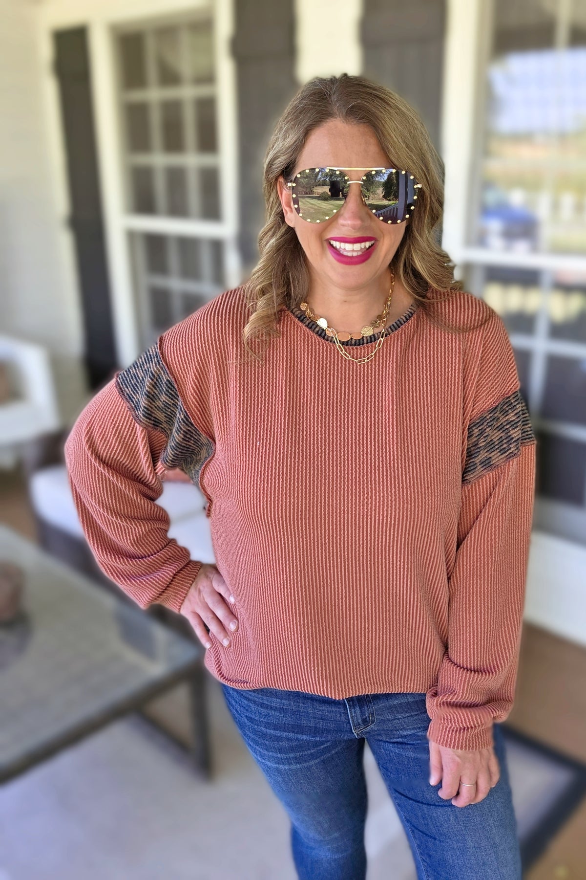 RUST RAISED RIBBED KNIT TOP WITH LEOPARD ACCENT SLEEVE