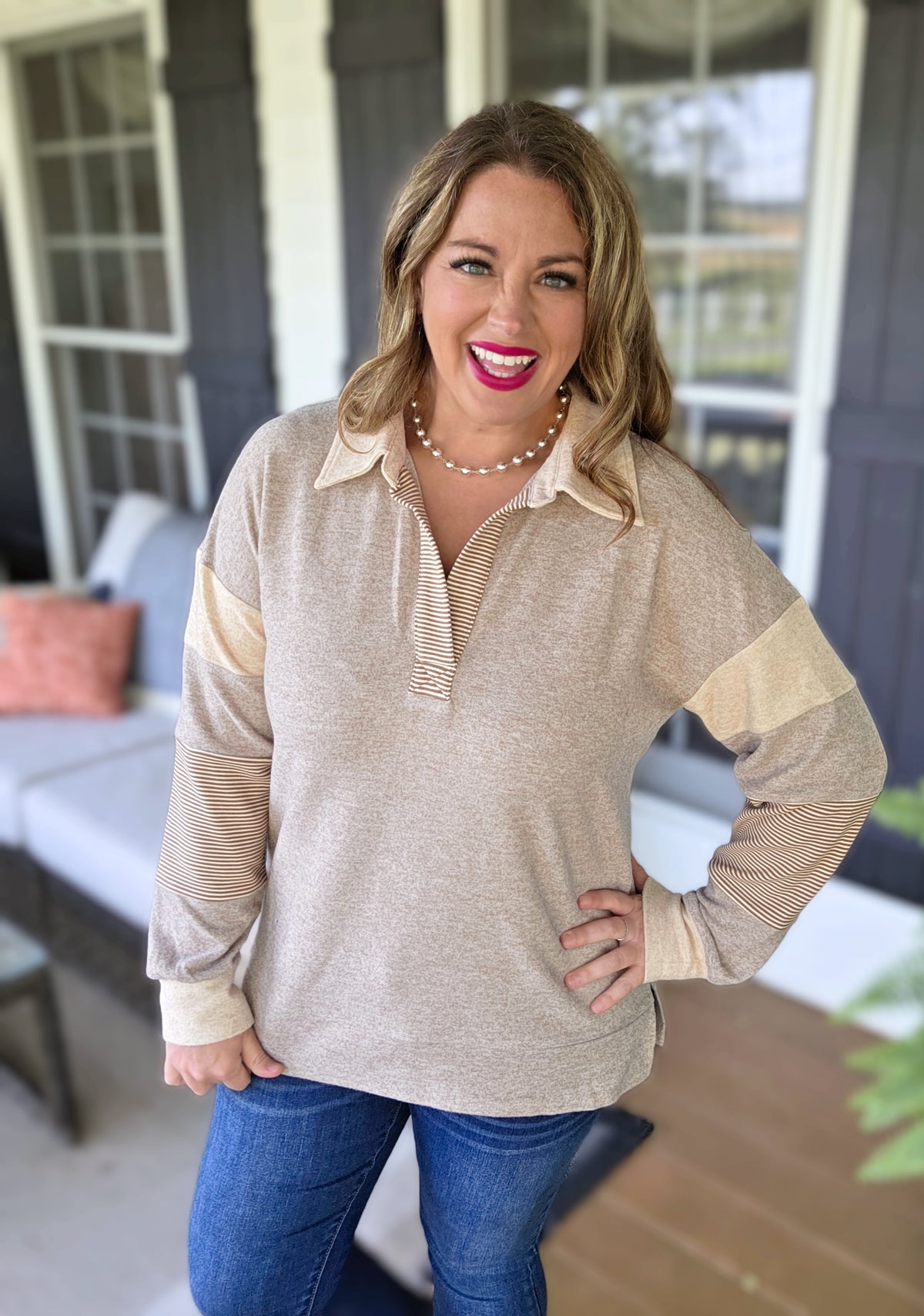 TAUPE BRUSHED KNIT V NECK CONTRAST SLEEVES TOP