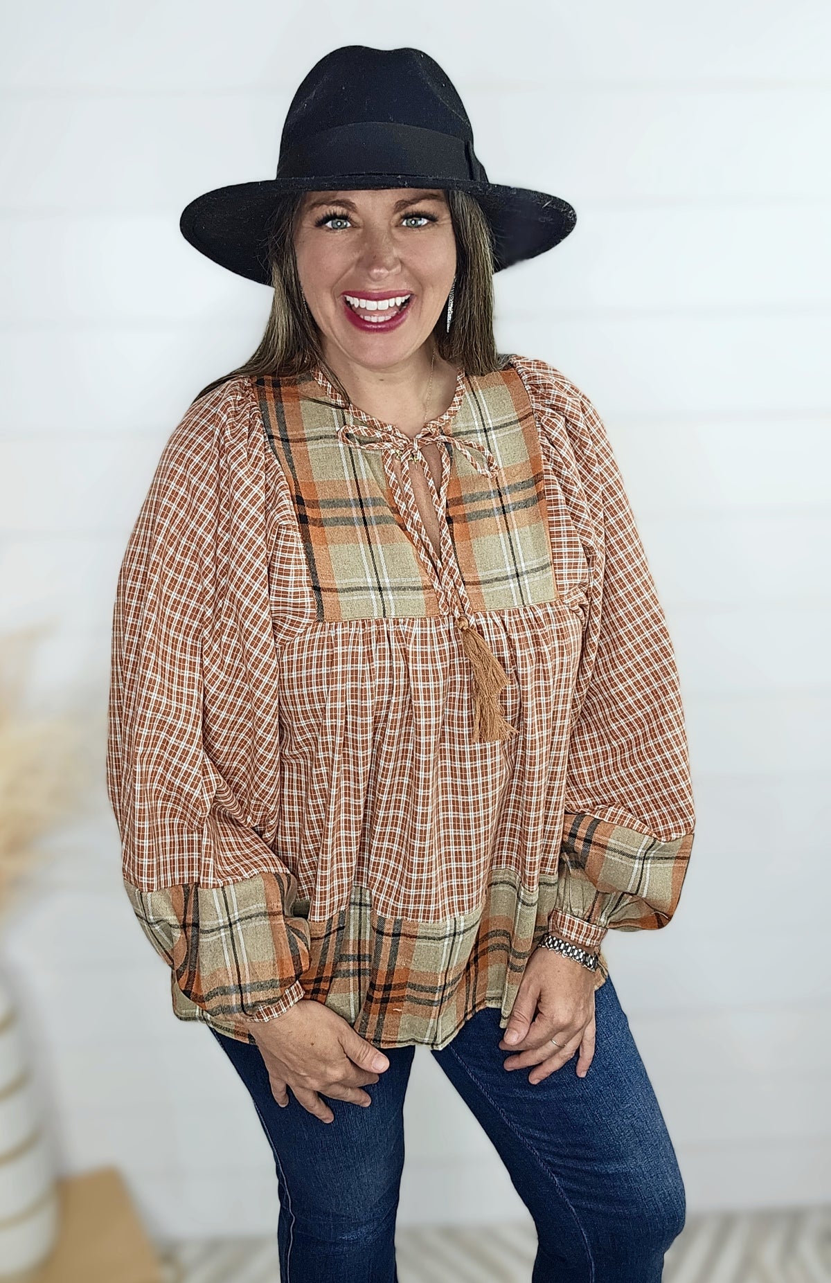 RUST/TAN PLAID CONTRAST BOHO TOP