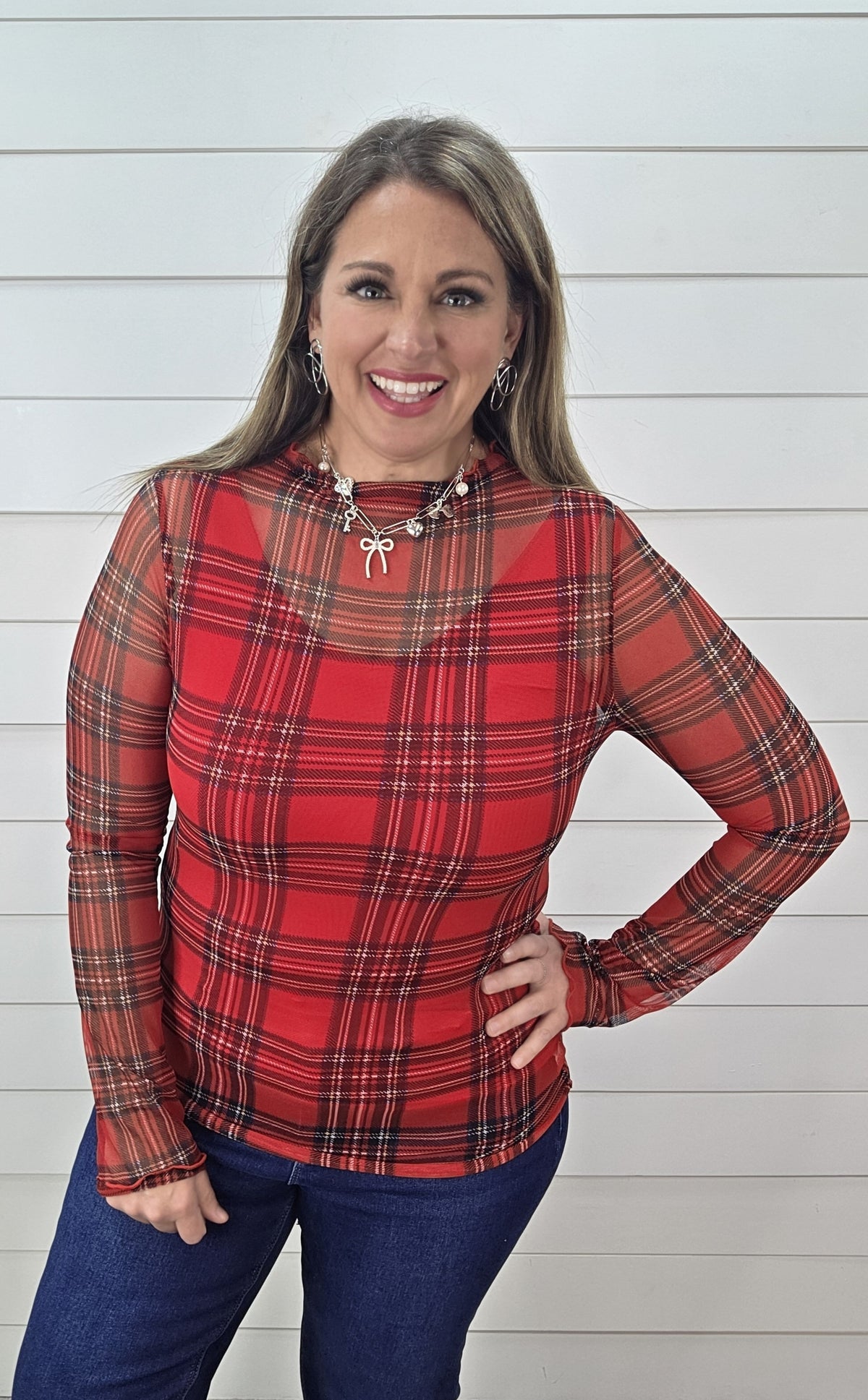RED PLAID MESH TOP