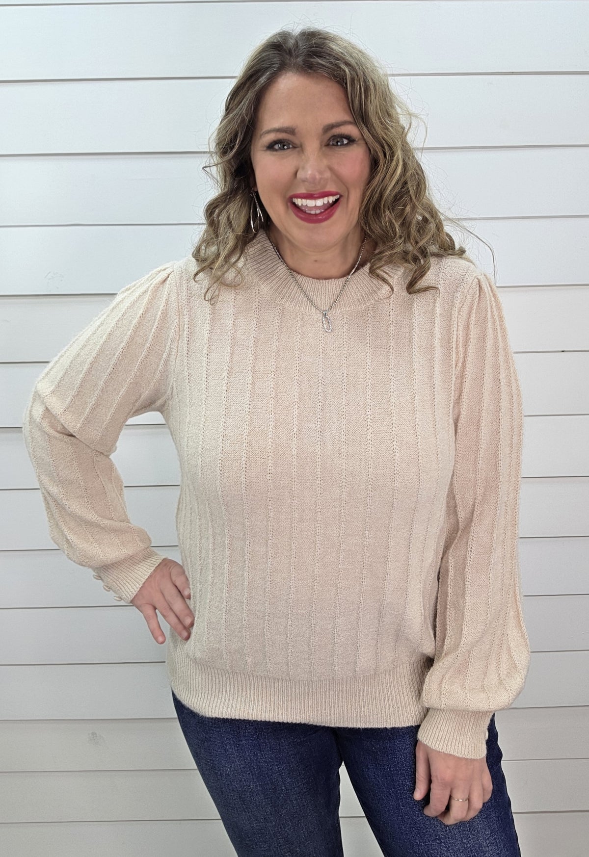 OATMEAL VERTICAL TEXTURED STRIPED BUTTON CUFF PULLOVER KNIT SWEATER