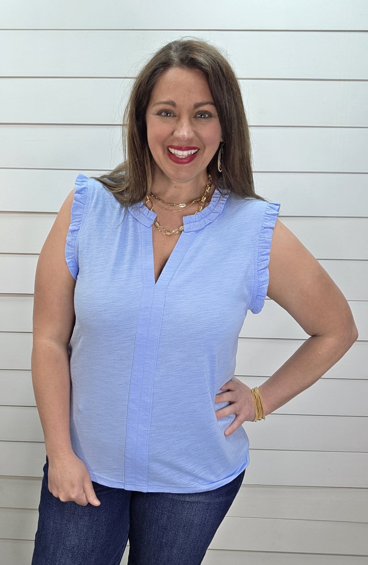 SKY BLUE RUFFLE NECK AND SLEEVE KNIT TOP