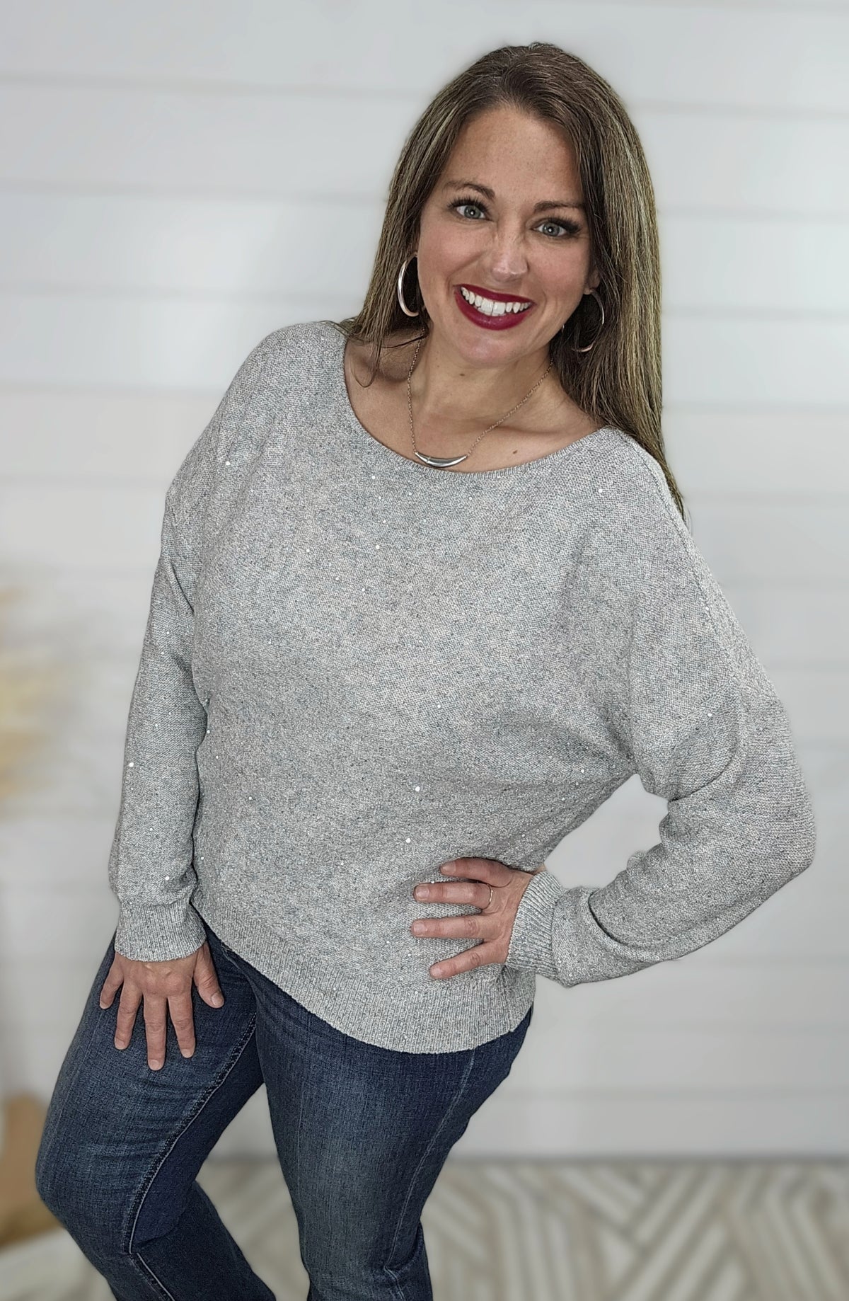 GREY SHIMMER SPARKLE BOATNECK SWEATER