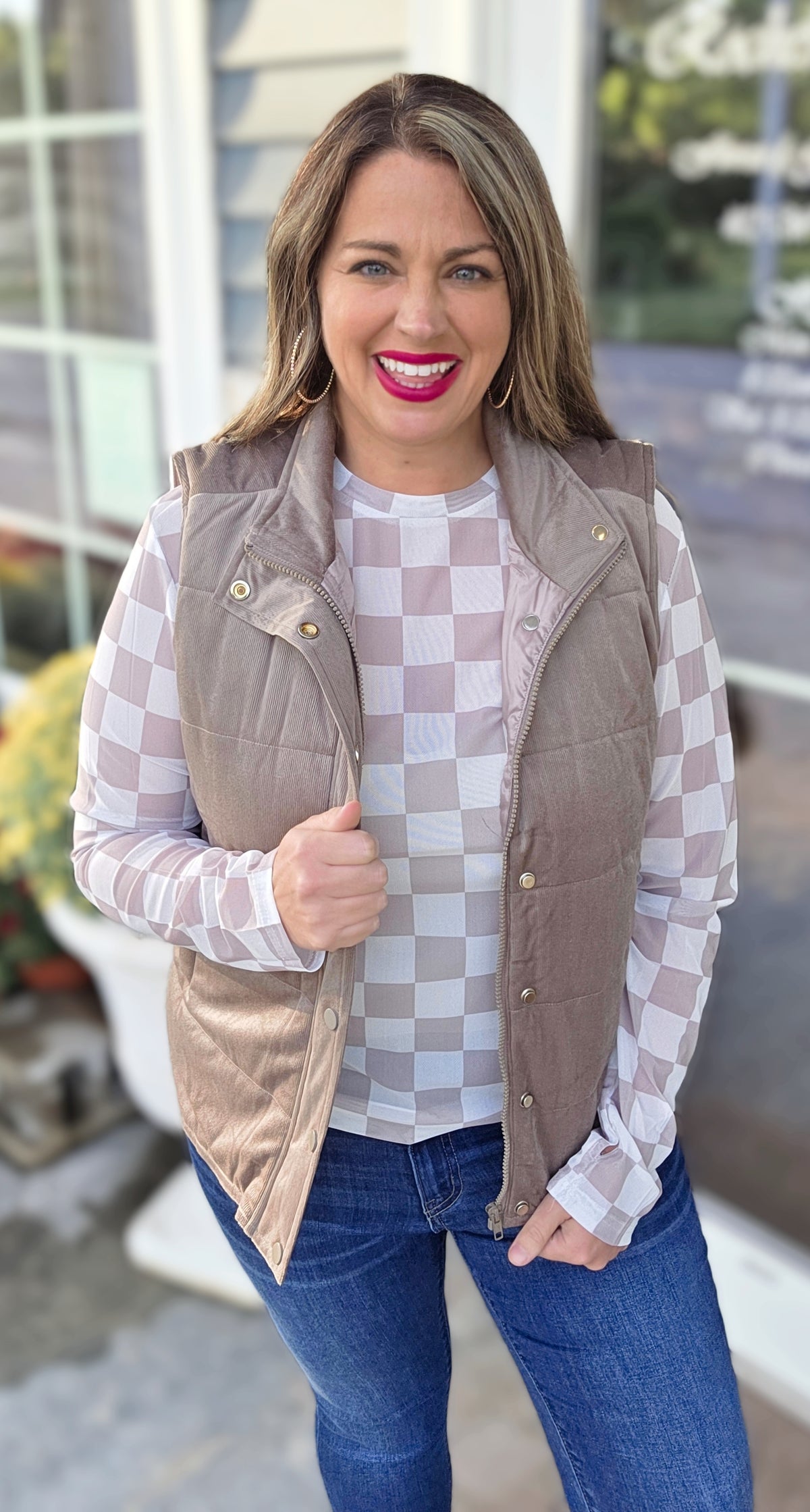 MOCHA MINI CORD PUFFER SNAP BUTTON VEST