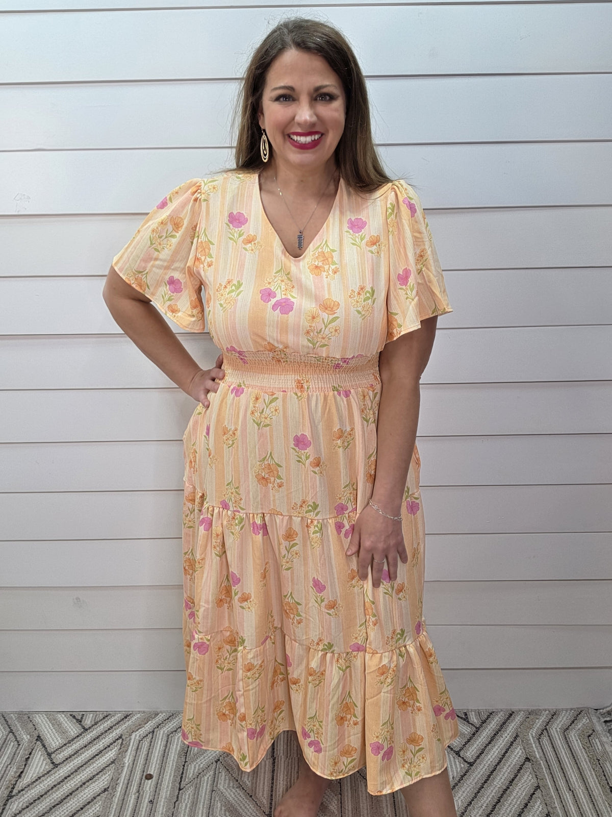 PEACH STRIPED/FLORAL ELASTIC WAIST V NECK LONG DRESS