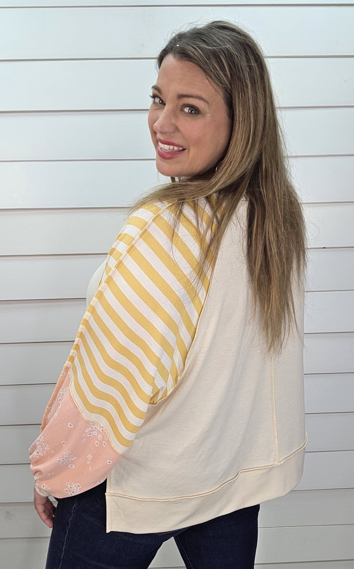 OATMEAL FRENCH TERRY LOOSE FIT TOP W/ STRIPED/FLORAL CONTRAST SLEEVES
