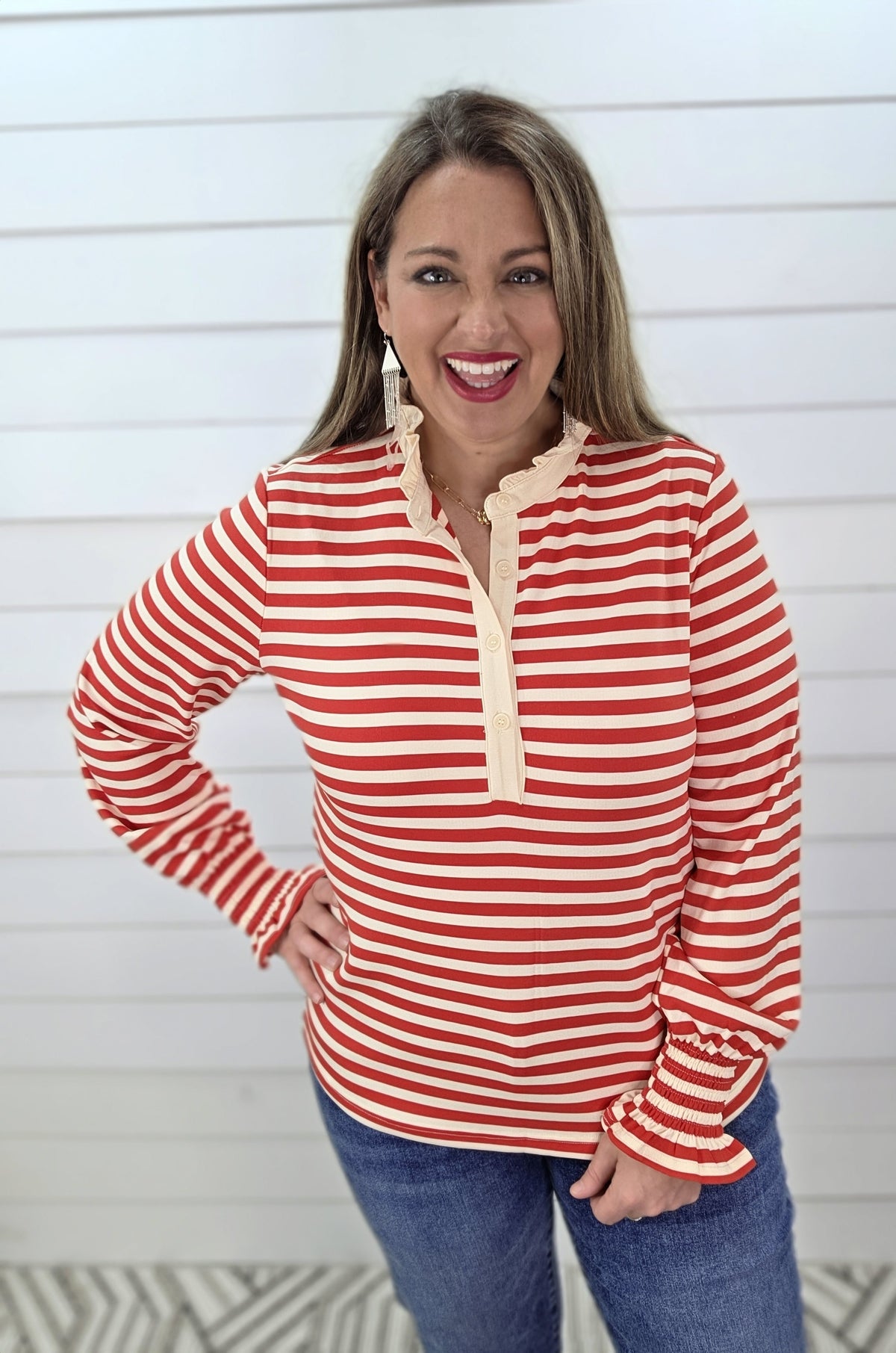 RED STRIPED HIGH NECK RUFFLE COLLAR TOP W/ SMOCKED SLEEVES