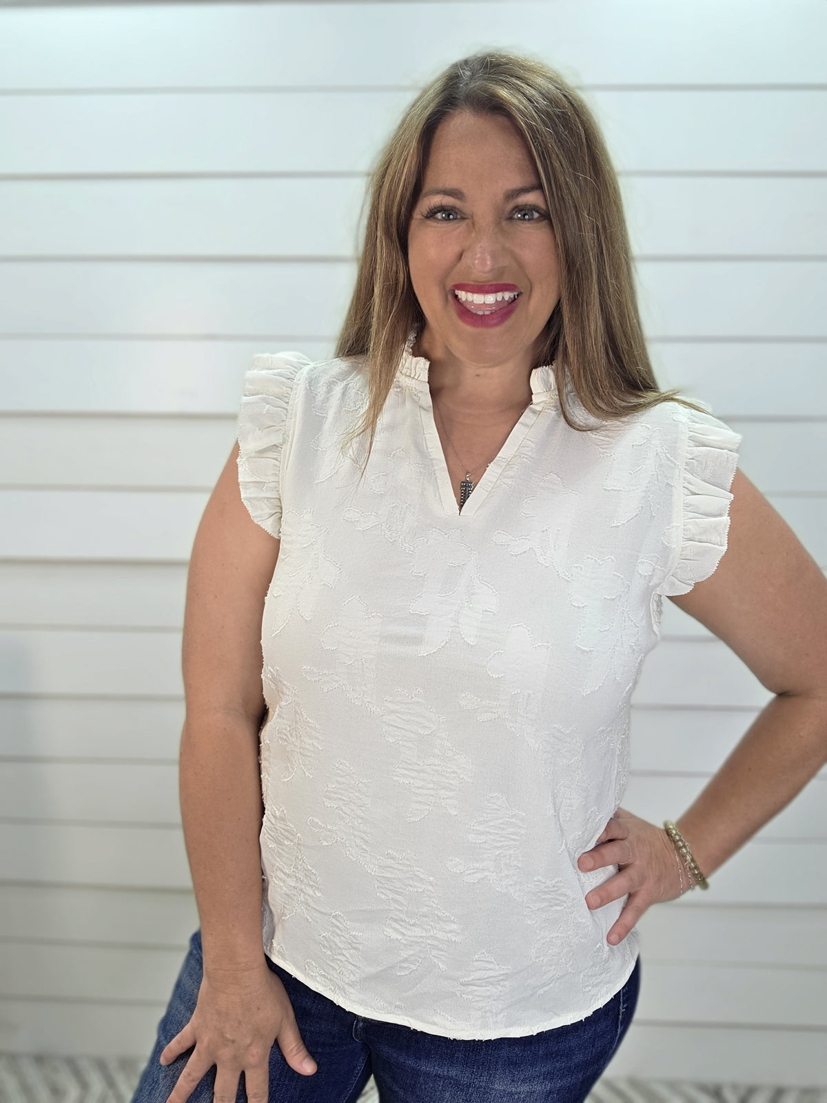 IVORY FLORAL TEXTURED SLEEVELESS RUFFLE TRIM WOVEN TOP