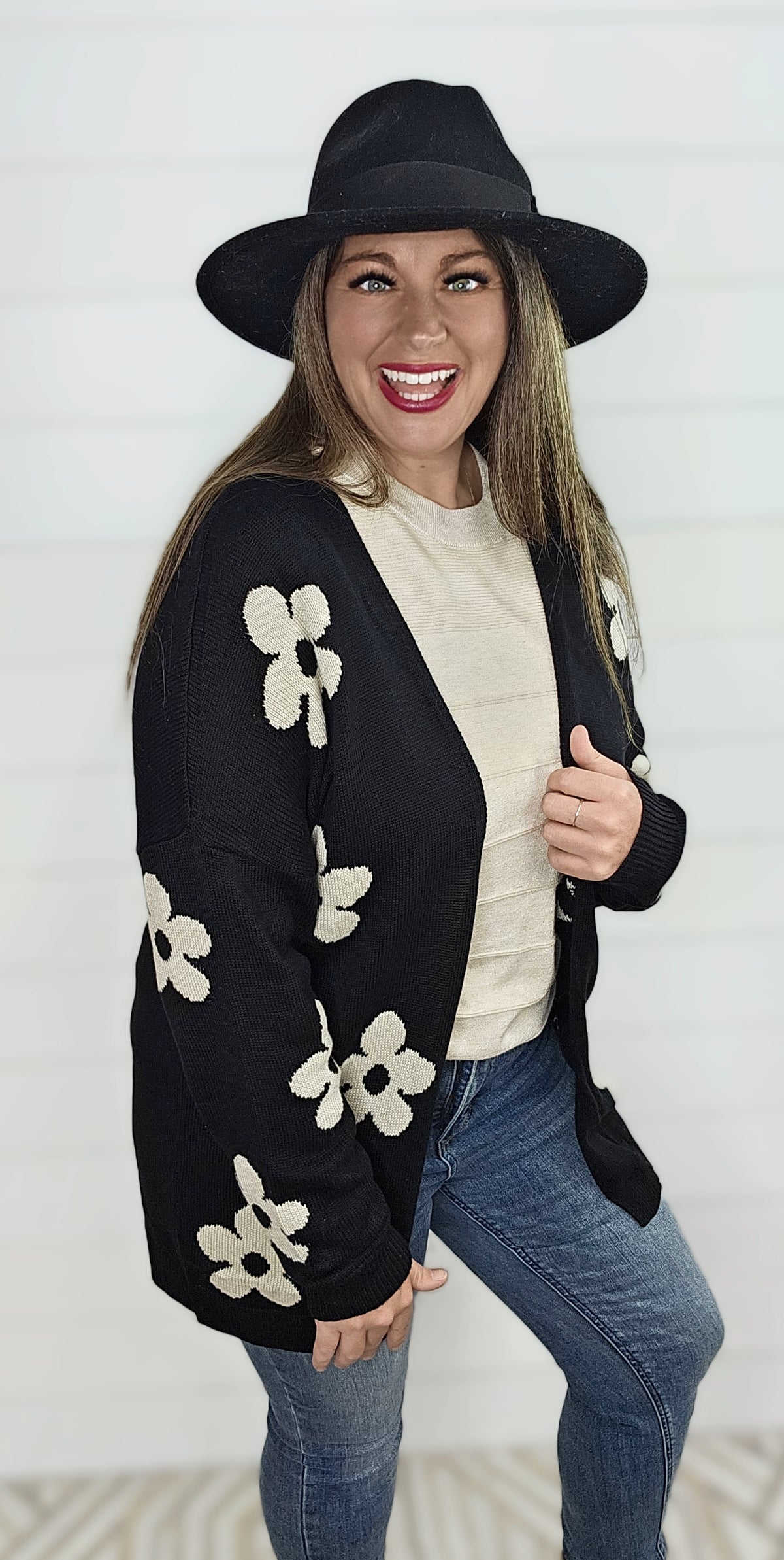 BLACK/MOCHA FLORAL KNITTED CARDIGAN