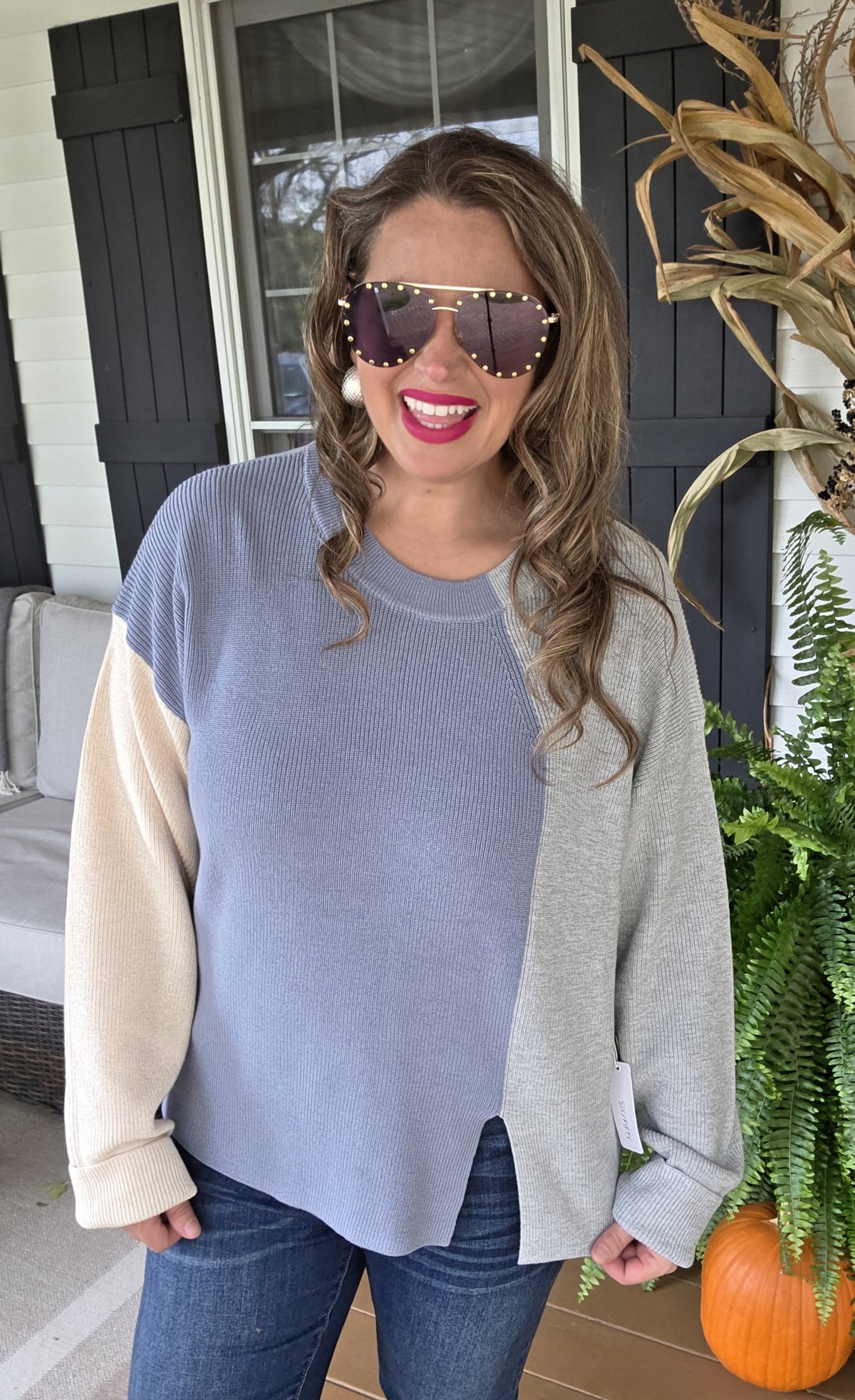 CREAM/BLUE/GREY COLORBLOCK KNIT SWEATER