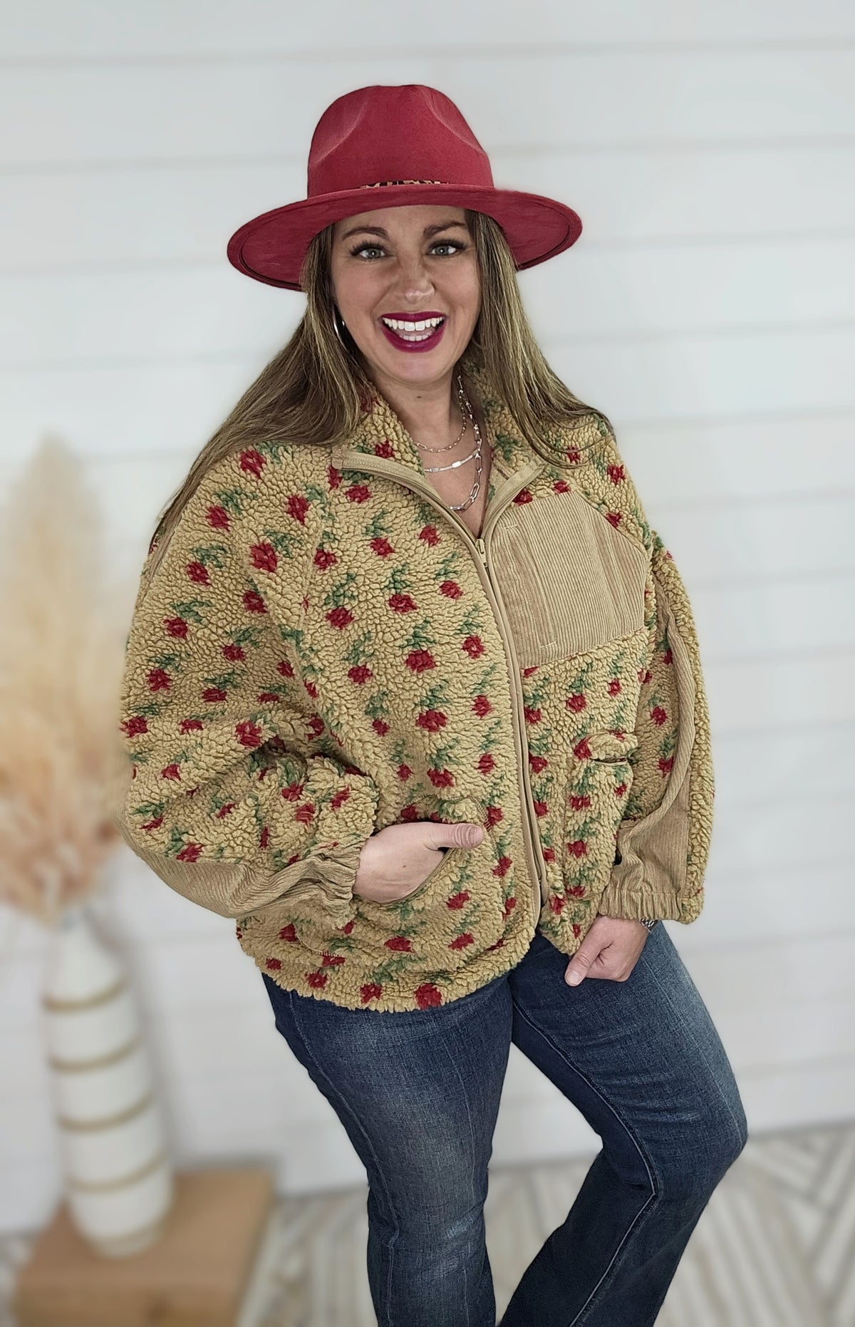 RED FLORAL SHERPA ZIP UP