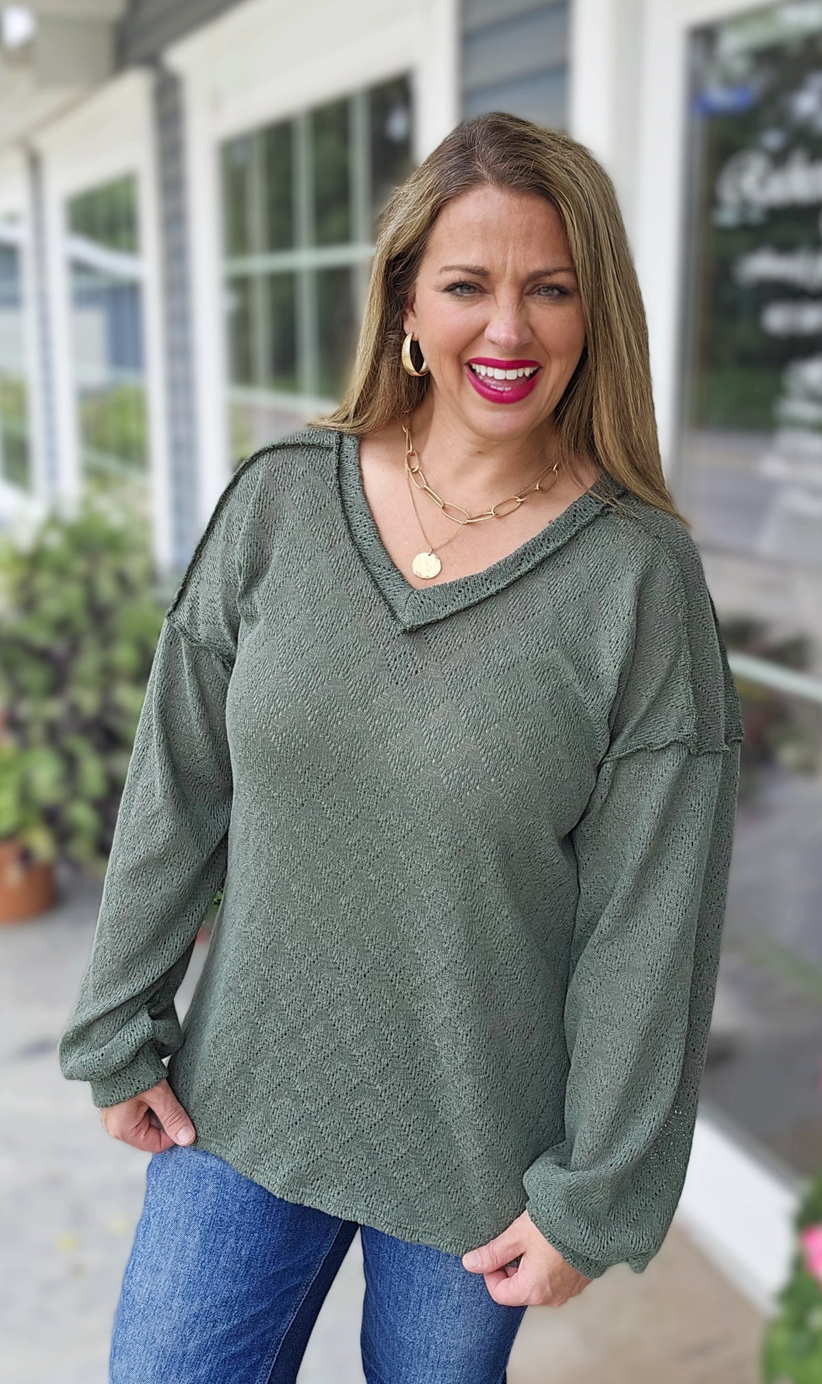 OLIVE POINTELLE V NECK KNIT LONG SLEEVE TOP