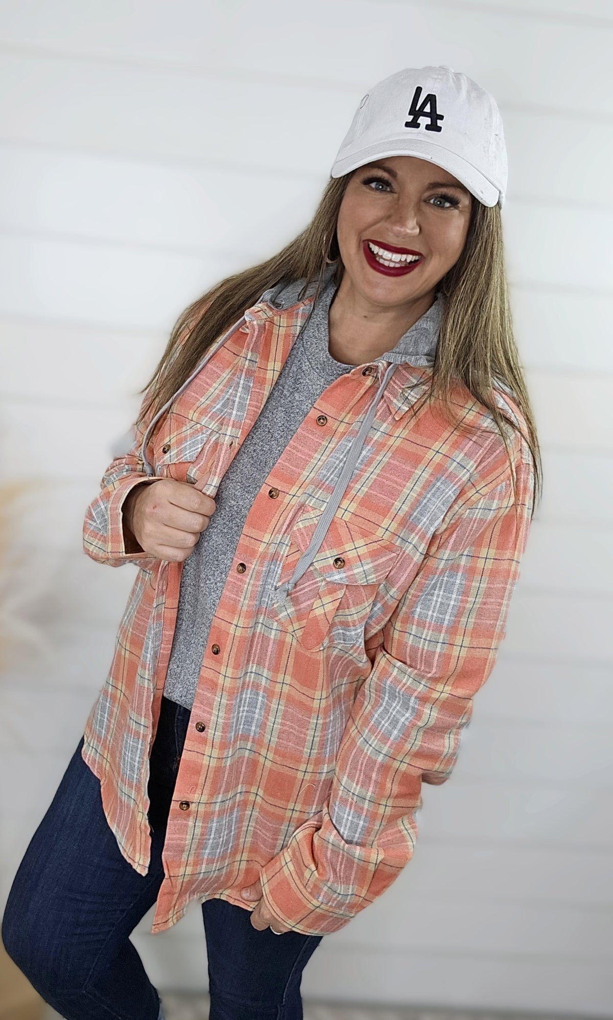 HOT CORAL/GREY PLAID BUTTON DOWN W/ REMOVEABLE HOOD