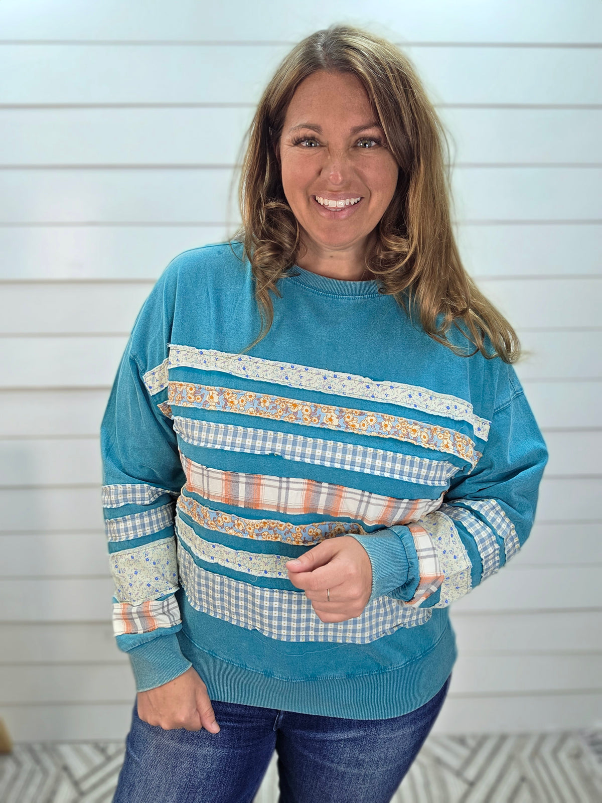 TEAL MINERAL WATCH PATCHWORK COTTON TOP