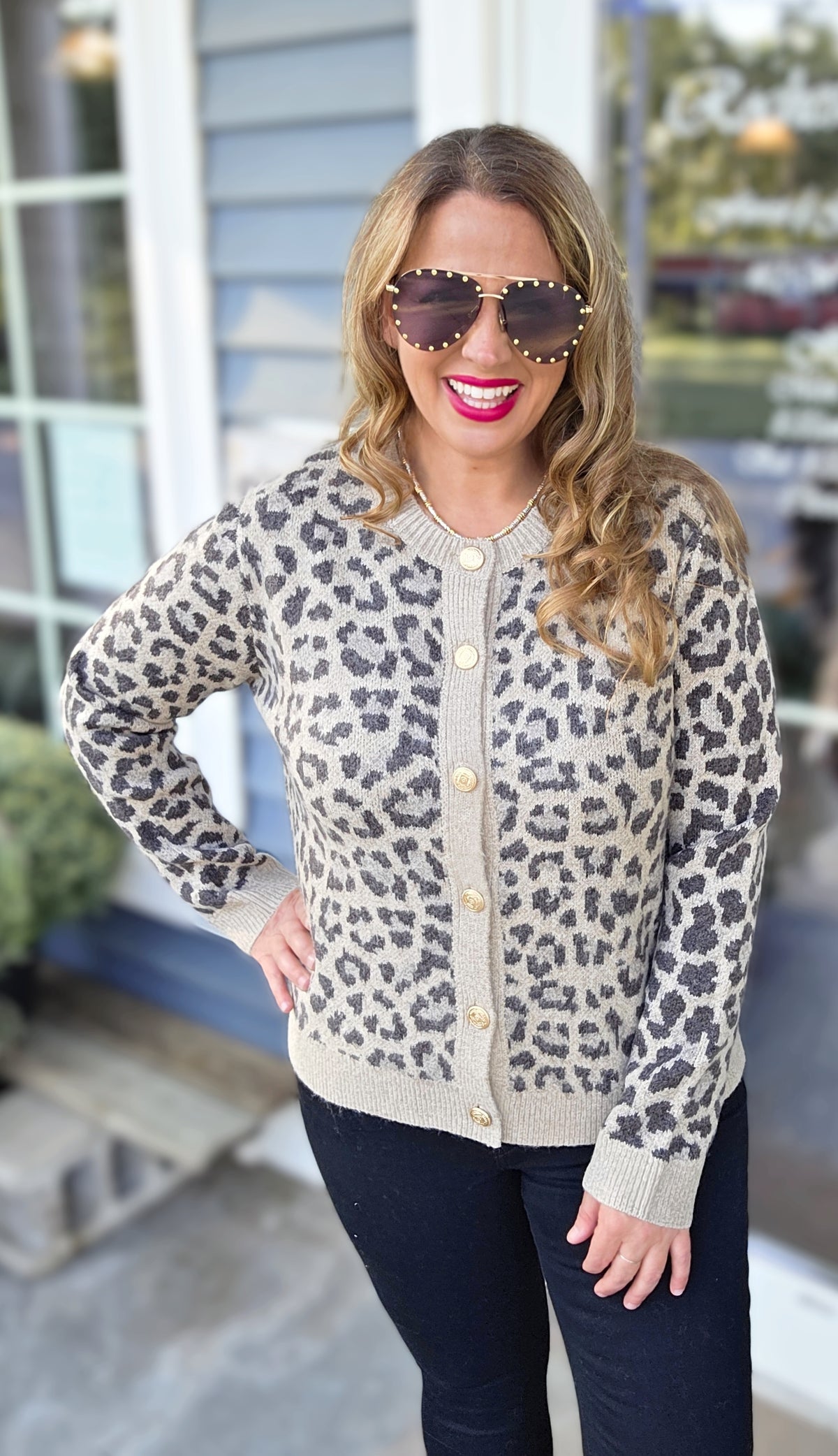 TAUPE LEOPARD BUTTON DOWN SWEATER CARDIGAN