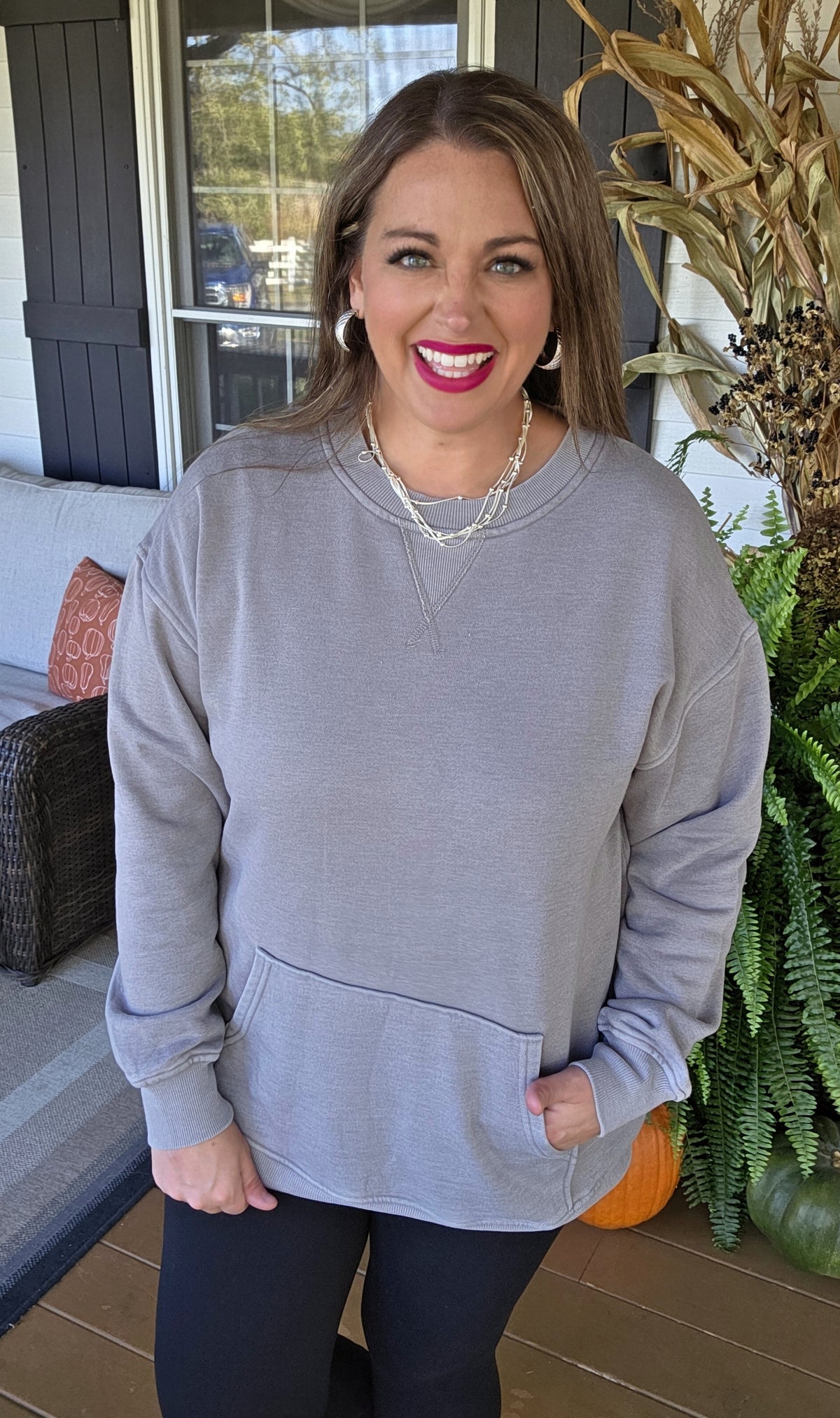 GREY MINERAL WASH PULLOVER W/ KANGAROO POCKET