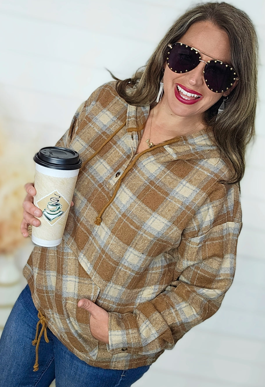 TAUPE LIGHTWEIGH FLANNEL PLAID PULLOVER W/ KANGAROO POCKET